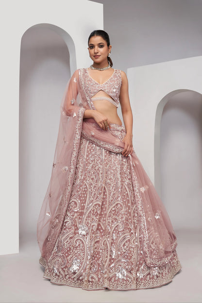 Chiku Paisley Patterned Lehenga with Sequins &amp; Thread Work