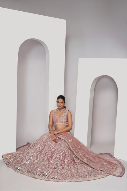 Chiku Paisley Patterned Lehenga with Sequins &amp; Thread Work
