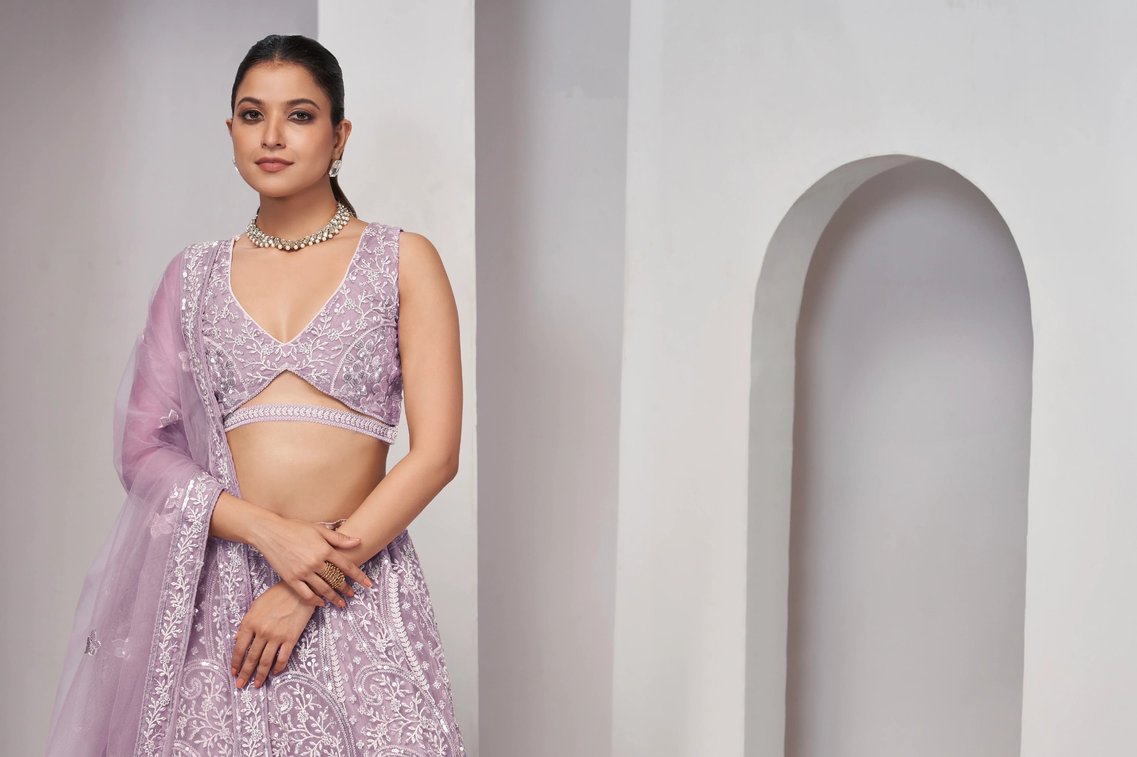 Mauve Paisley Patterned Lehenga with Sequins &amp; Thread Work