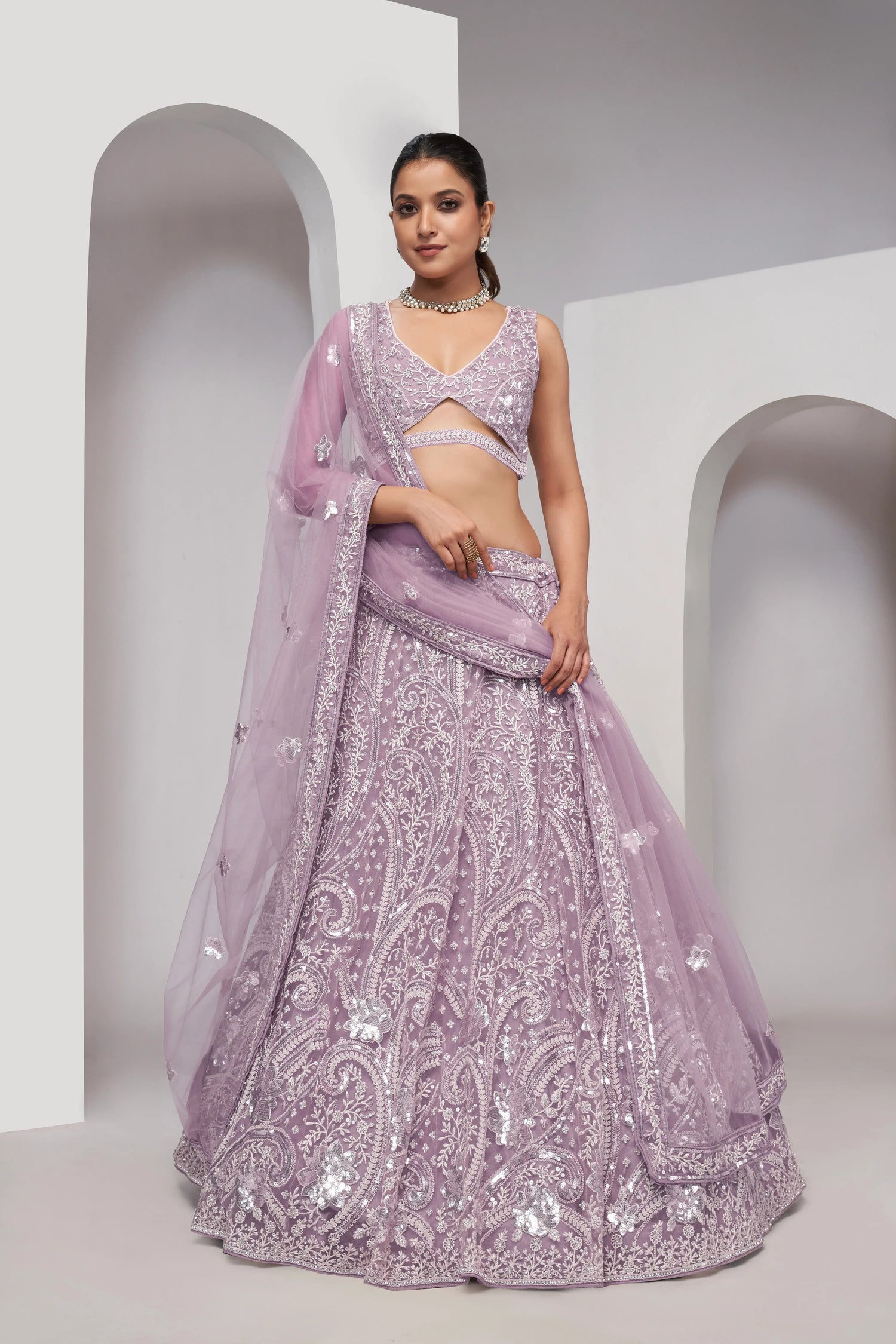 Mauve Paisley Patterned Lehenga with Sequins &amp; Thread Work