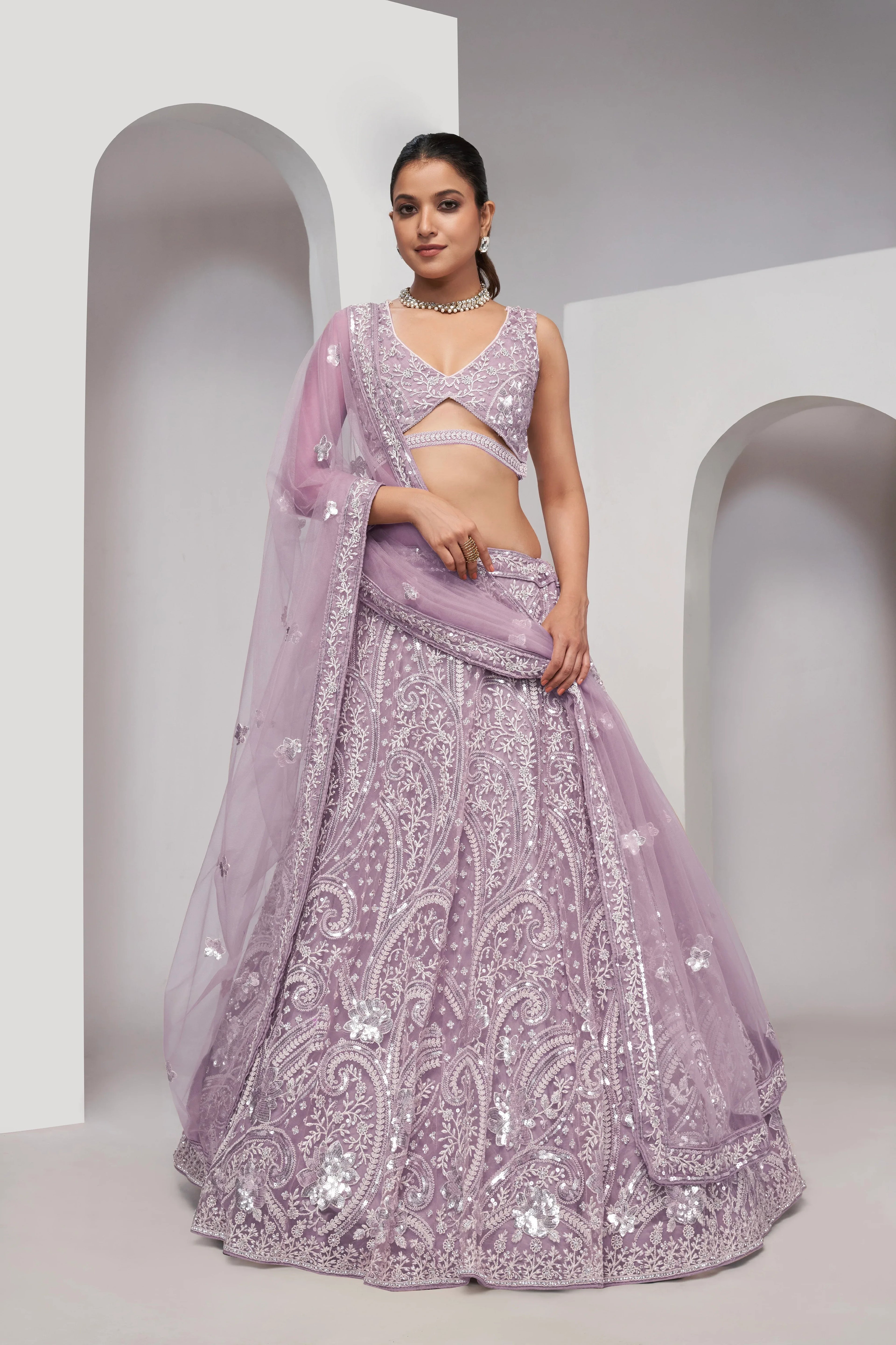 Mauve Paisley Patterned Lehenga with Sequins &amp; Thread Work