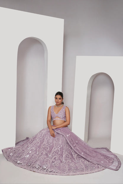 Mauve Paisley Patterned Lehenga with Sequins &amp; Thread Work