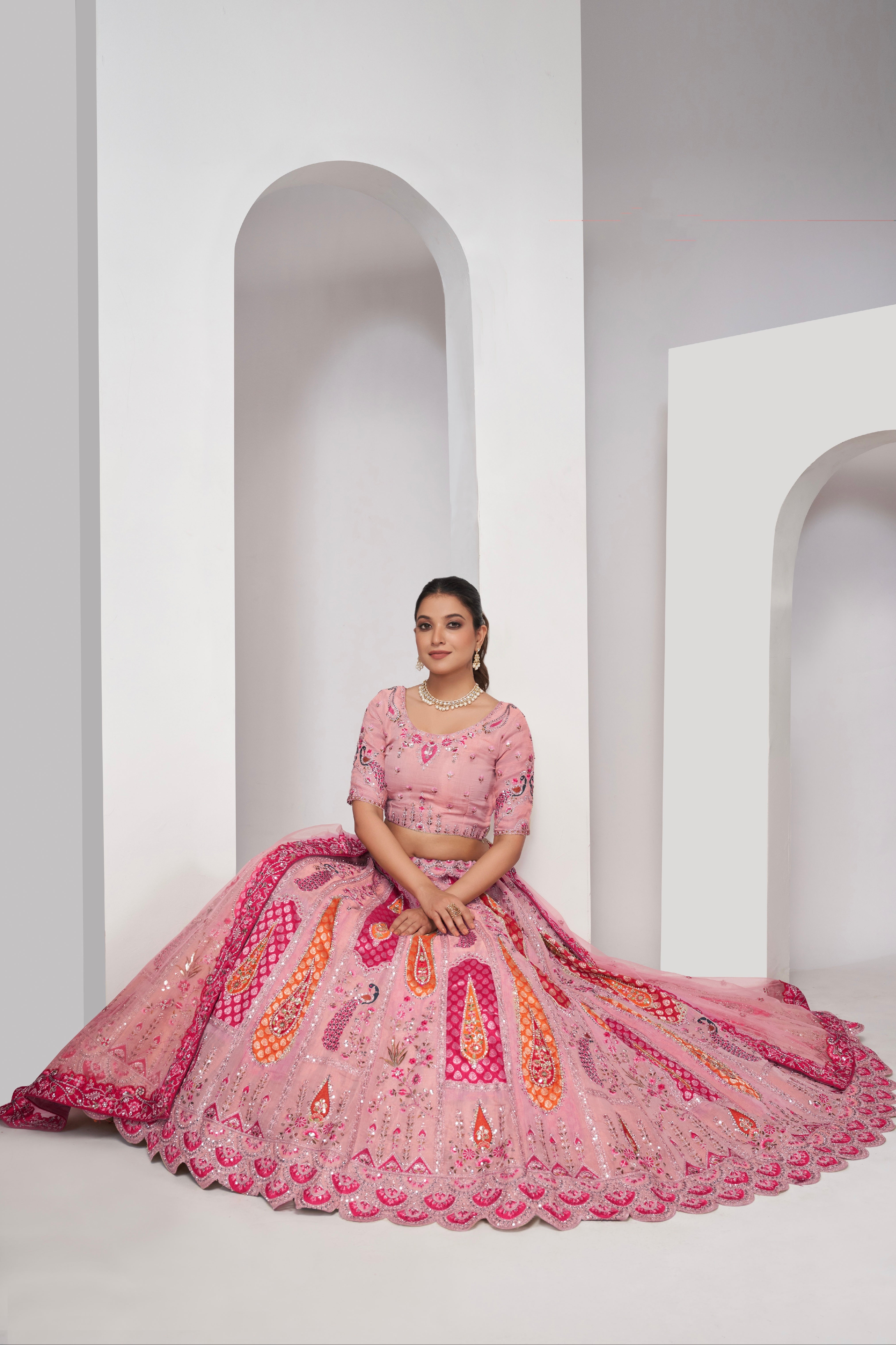 Flamingo Pink Embroidered Bridal Lehenga with Soft Net Dupatta