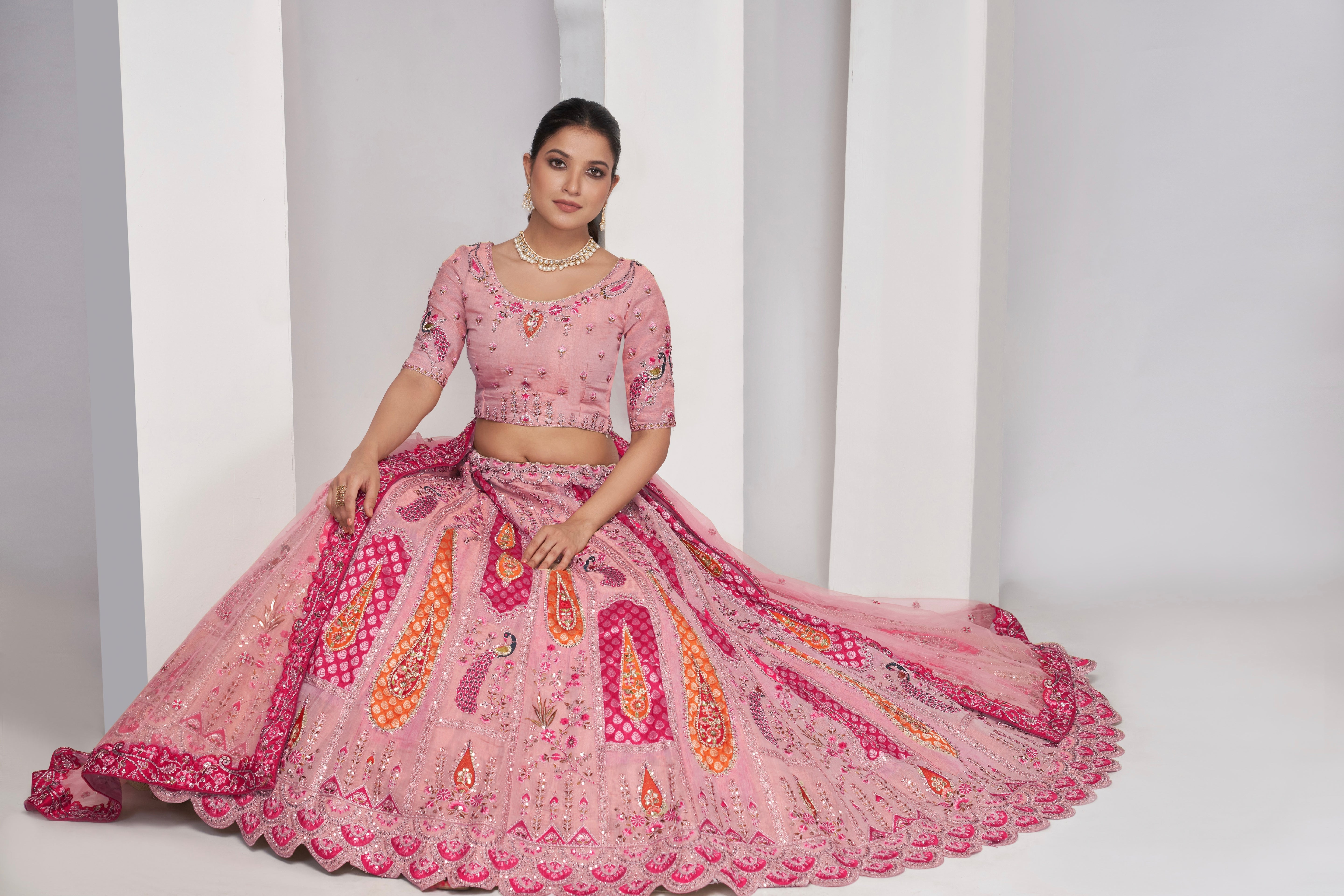 Flamingo Pink Embroidered Bridal Lehenga with Soft Net Dupatta