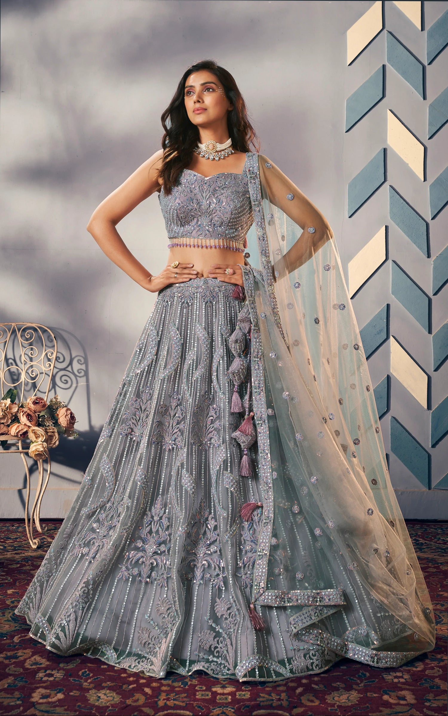 Exquisite Silver Embroidered Designer Lehenga with Handwork Blouse and Net Dupatta