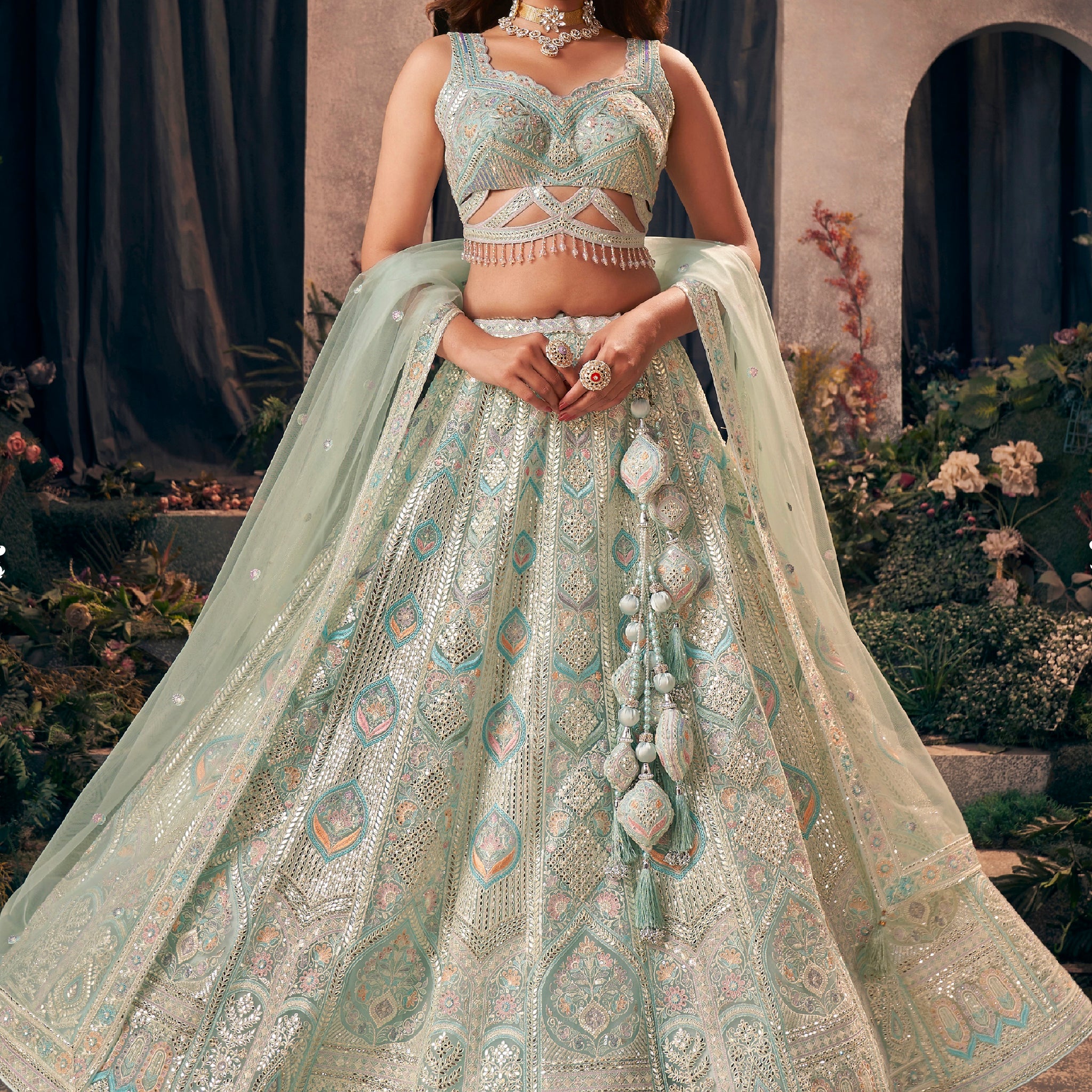 Pastel Green Designer Bridal Lehenga with Gotapatti Work, Hand-Embroidered Blouse, and Net Dupatta
