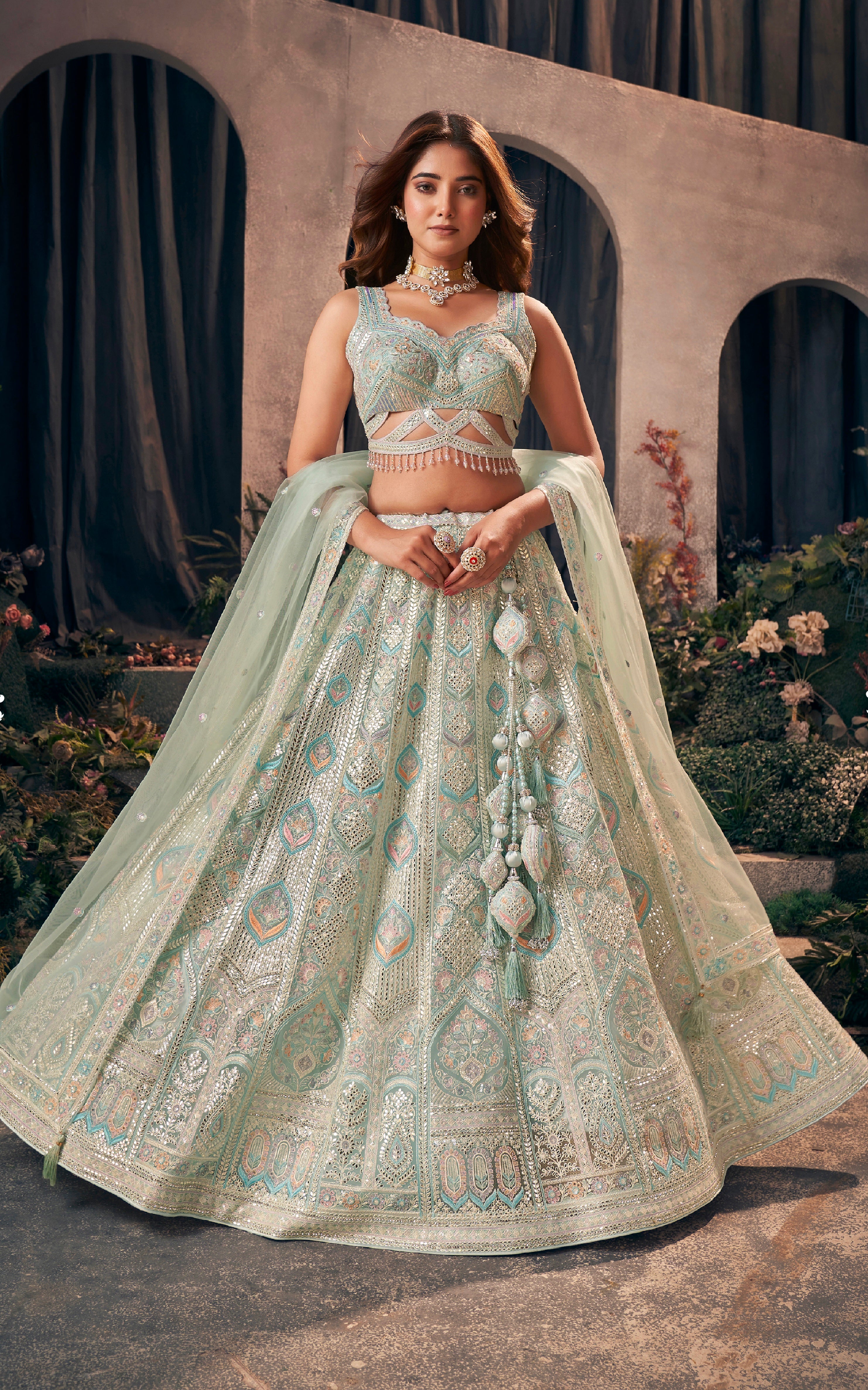 Pastel Green Designer Bridal Lehenga with Gotapatti Work, Hand-Embroidered Blouse, and Net Dupatta
