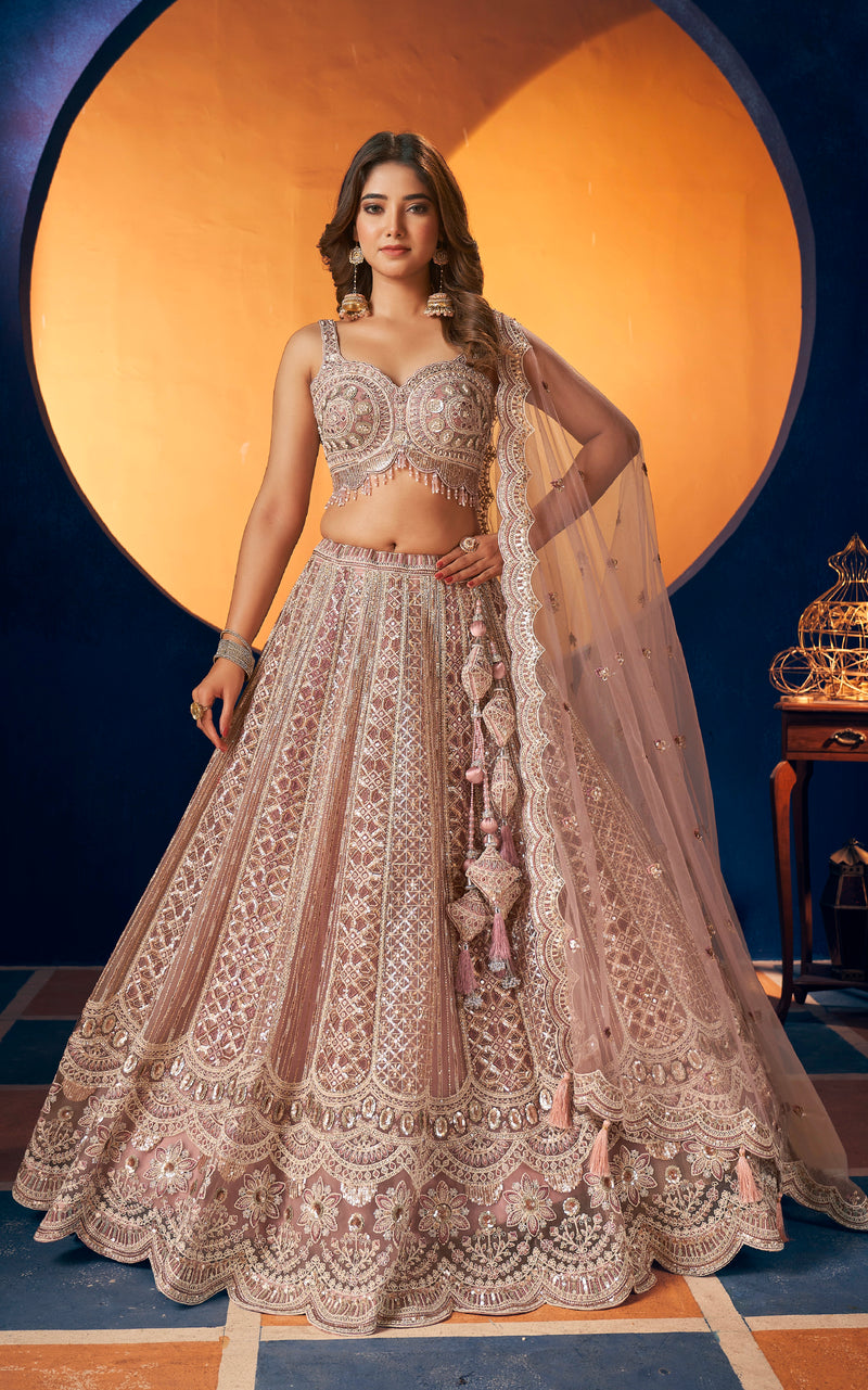 Elegant Rose Gold Bridal Lehenga with Hand Embroidered Blouse and Net Dupatta