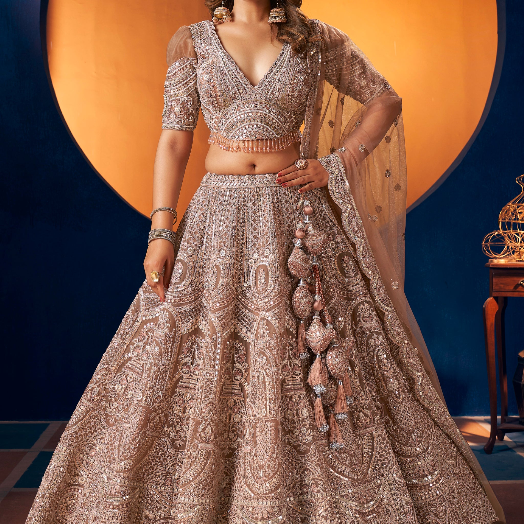 Luxury Gold Bridal Lehenga with Hand Embroidered Blouse and Net Dupatta