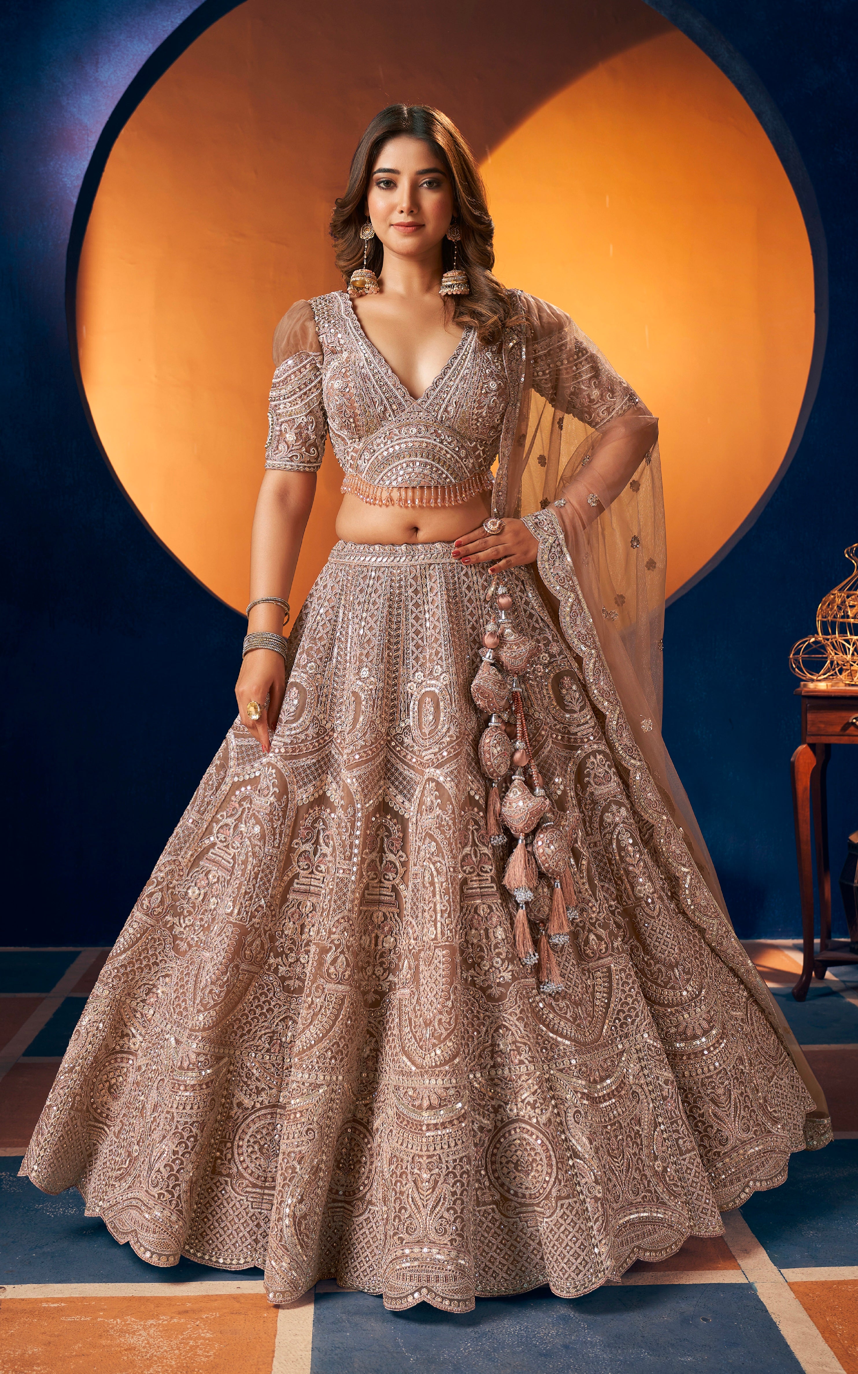 Luxury Gold Bridal Lehenga with Hand Embroidered Blouse and Net Dupatta