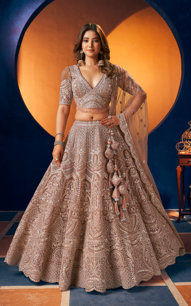 Luxury Gold Bridal Lehenga with Hand Embroidered Blouse and Net Dupatta