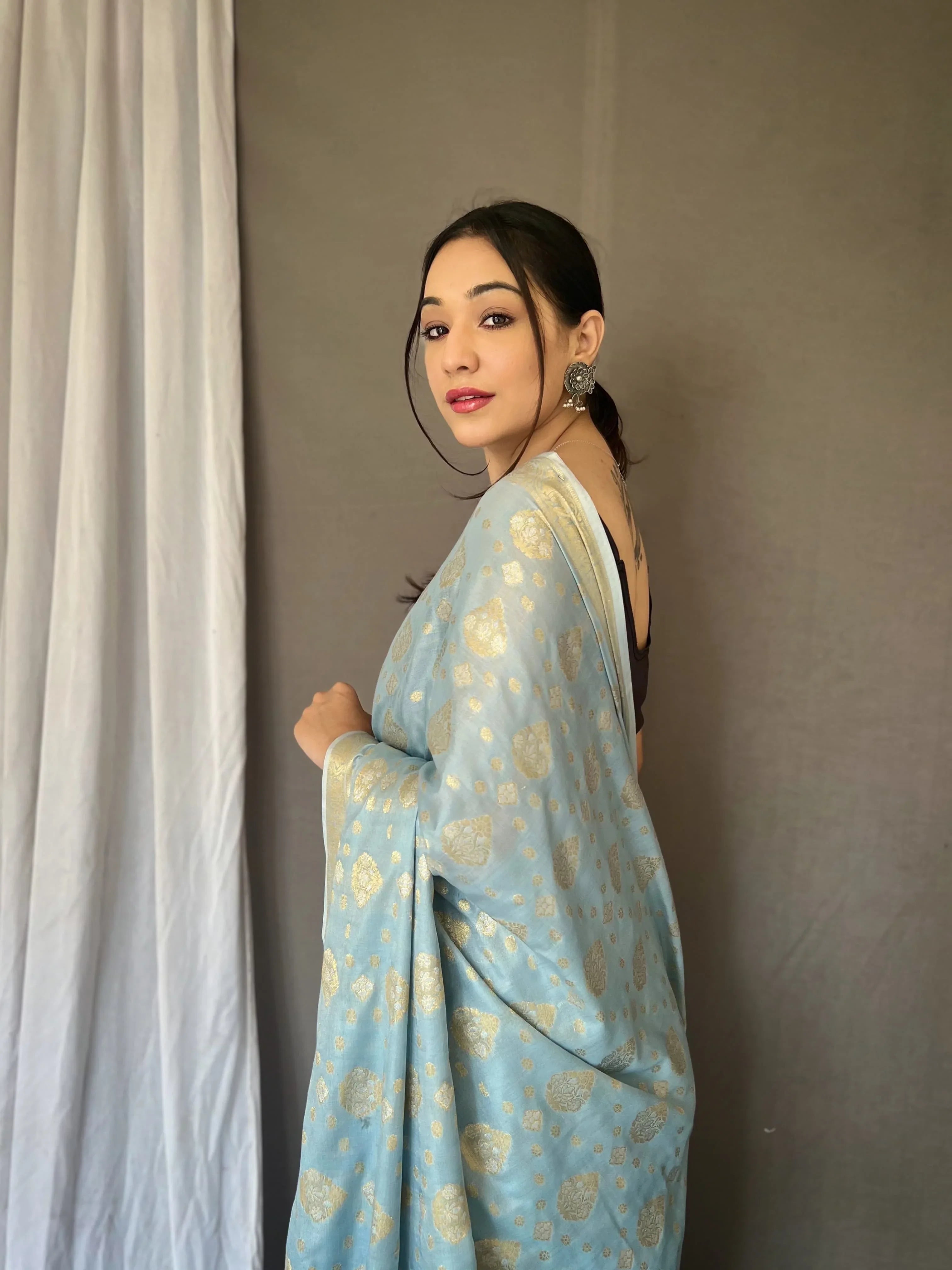 Beautiful Designer Party Wear Light Blue Soft Muslin Silk Saree