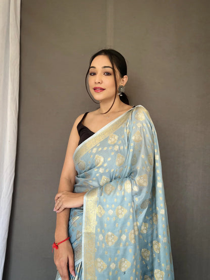 Beautiful Designer Party Wear Light Blue Soft Muslin Silk Saree