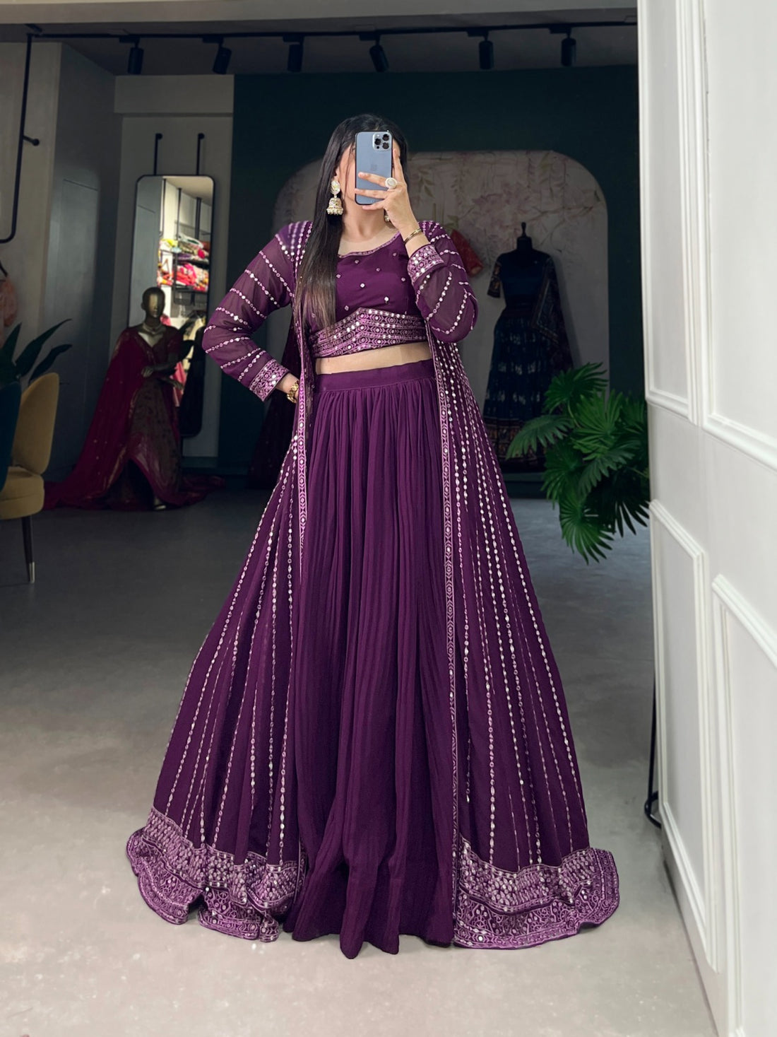Party Wear Designer Purple Georgette Indo Western  Lehenga Choli With Jacket