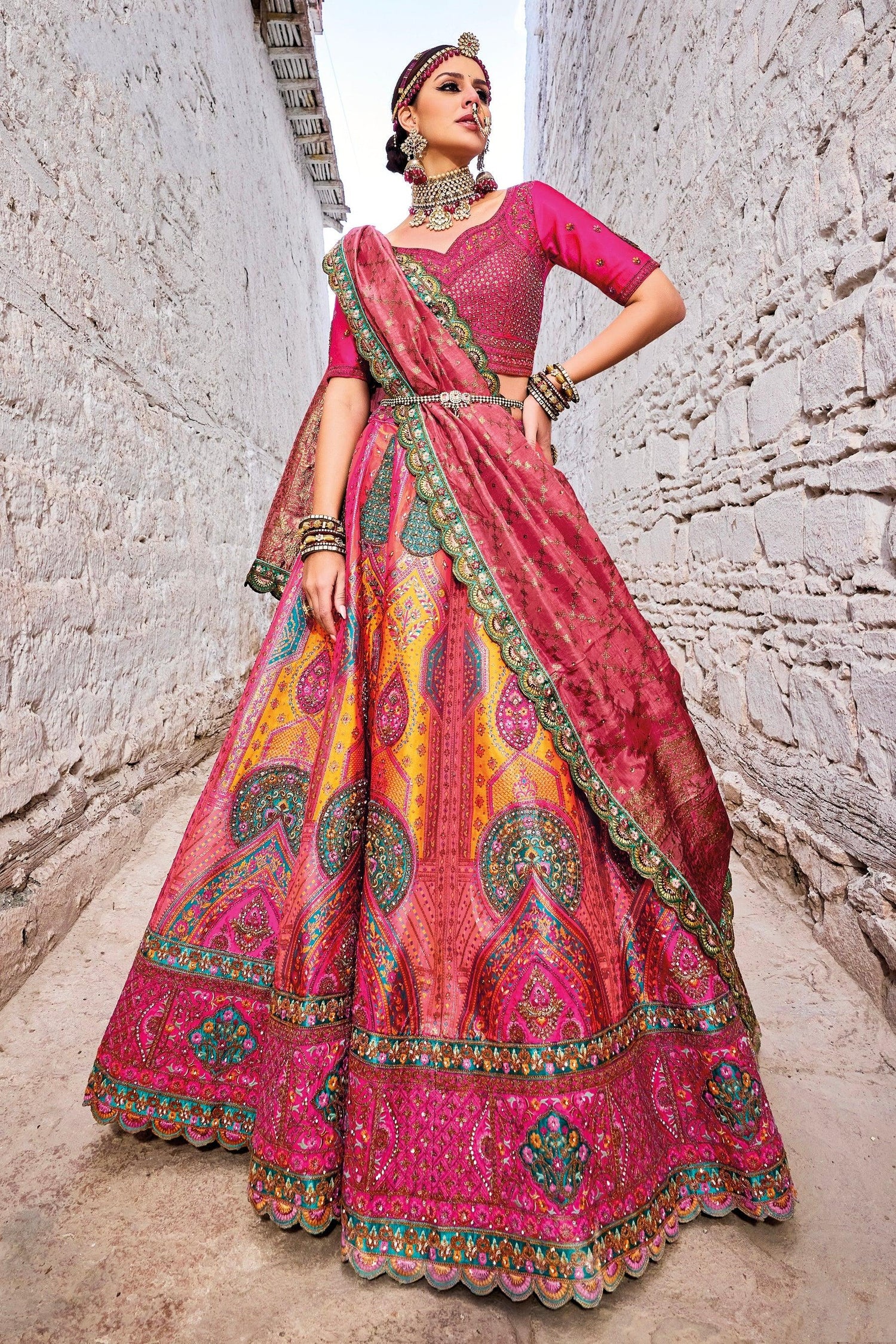 Stunning Vibrant Pink &amp; Yellow Banarasi Silk Jacquard Lehenga