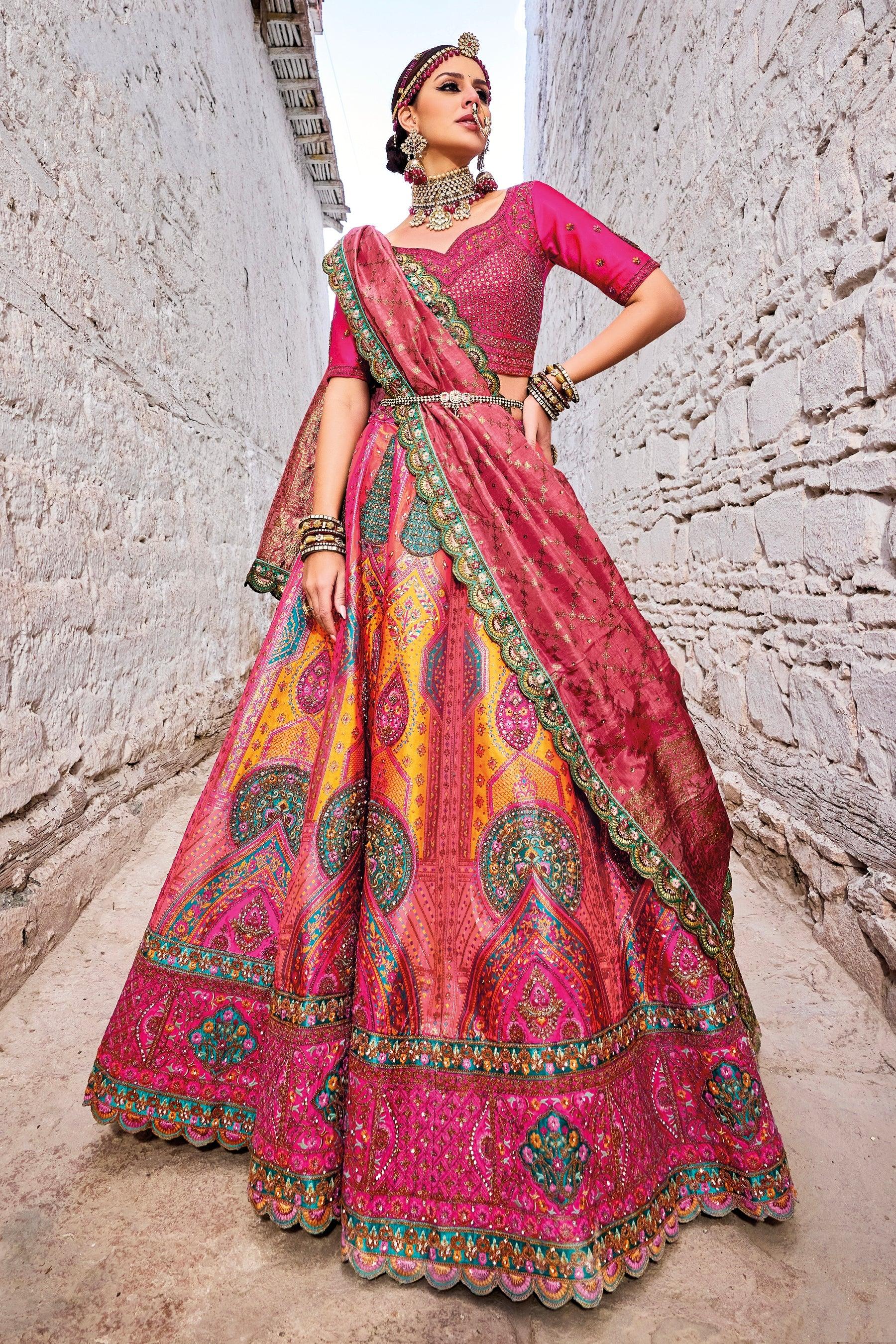 Stunning Vibrant Pink &amp; Yellow Banarasi Silk Jacquard Lehenga