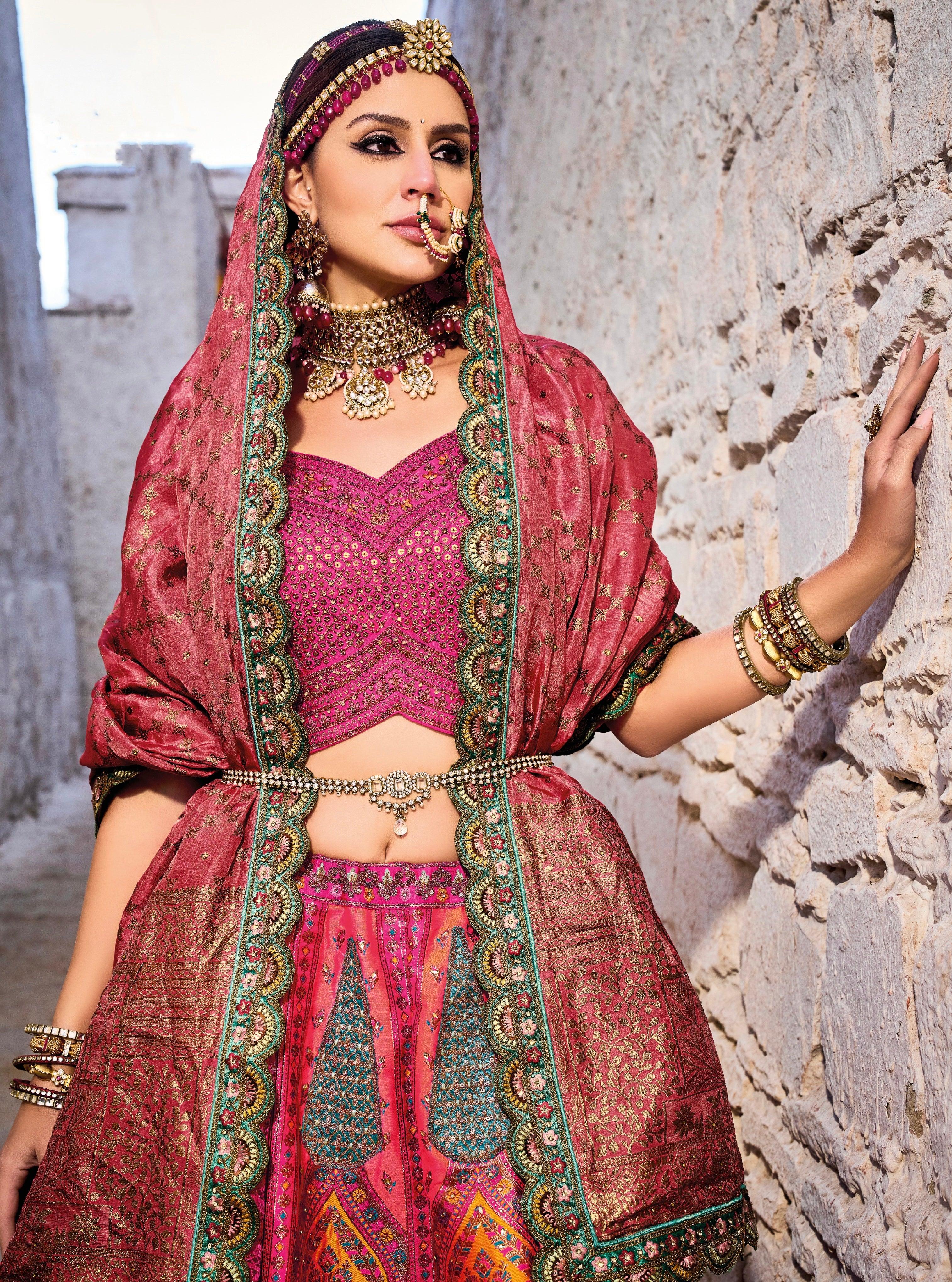 Stunning Vibrant Pink &amp; Yellow Banarasi Silk Jacquard Lehenga