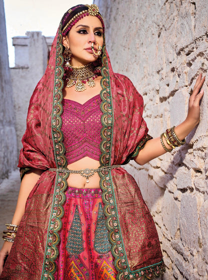 Stunning Vibrant Pink &amp; Yellow Banarasi Silk Jacquard Lehenga