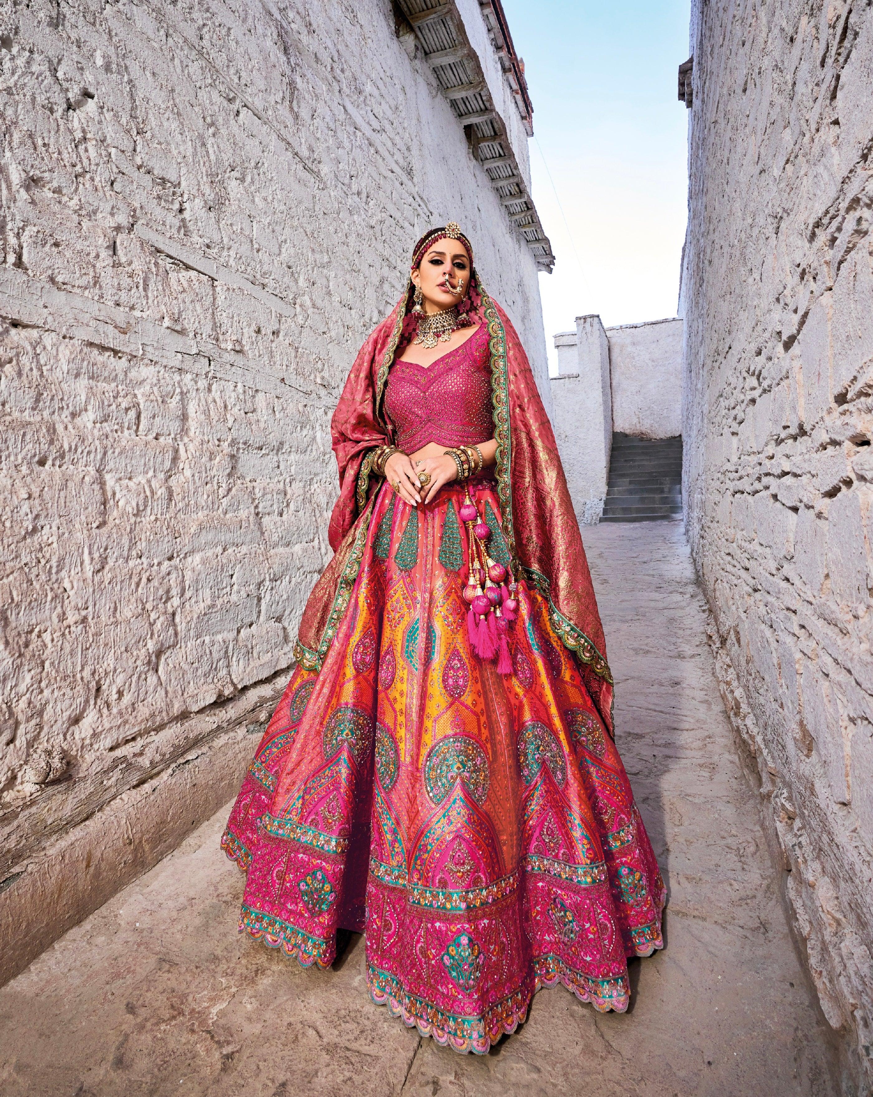 Stunning Vibrant Pink &amp; Yellow Banarasi Silk Jacquard Lehenga