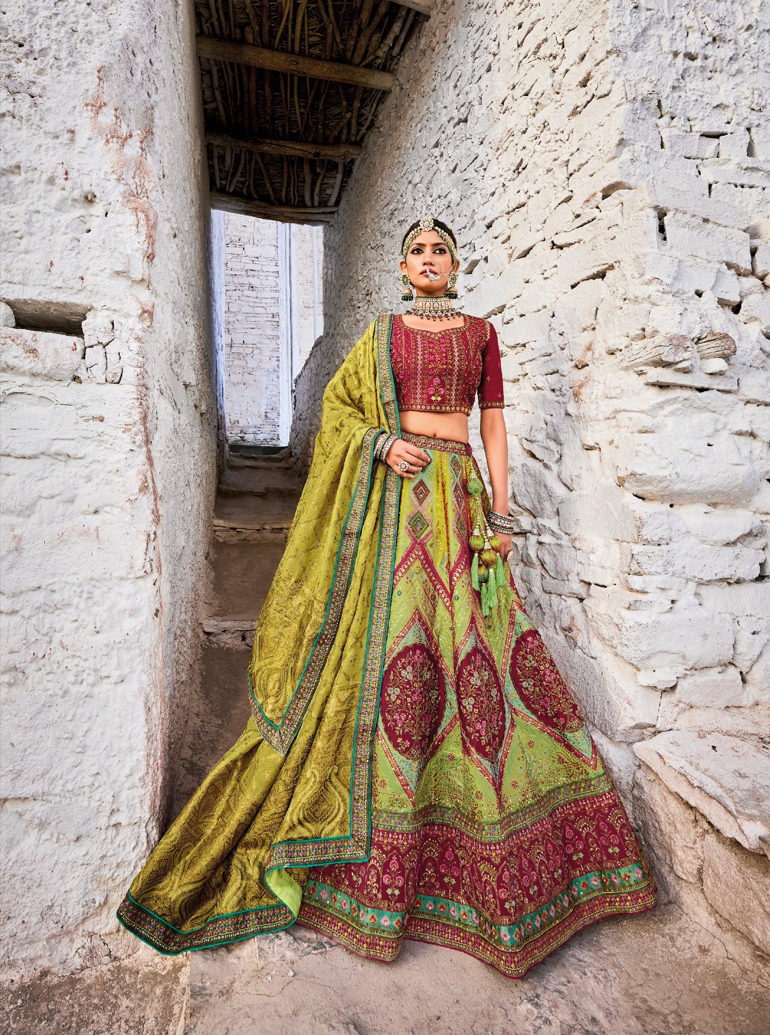 Elegant Green and Maroon Banarasi Silk Lehenga with Satin Blouse &amp; Georgette Dupatta