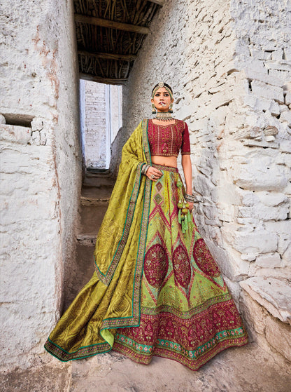 Elegant Green and Maroon Banarasi Silk Lehenga with Satin Blouse &amp; Georgette Dupatta