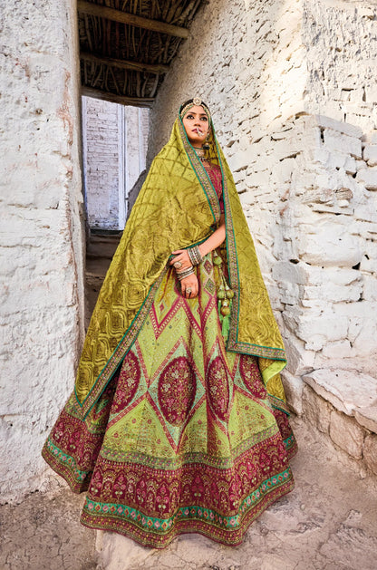 Elegant Green and Maroon Banarasi Silk Lehenga with Satin Blouse &amp; Georgette Dupatta