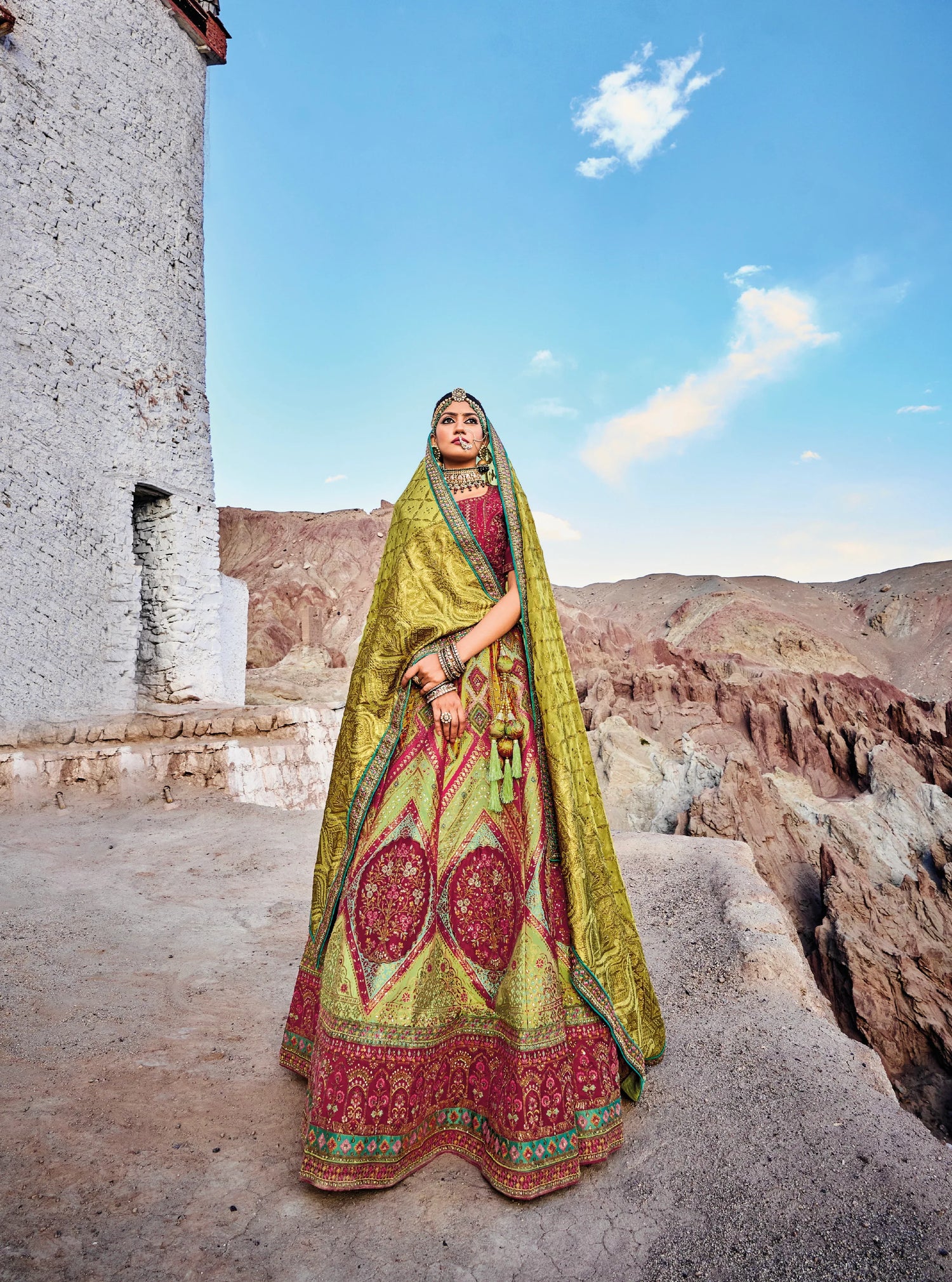 Elegant Green and Maroon Banarasi Silk Lehenga with Satin Blouse &amp; Georgette Dupatta