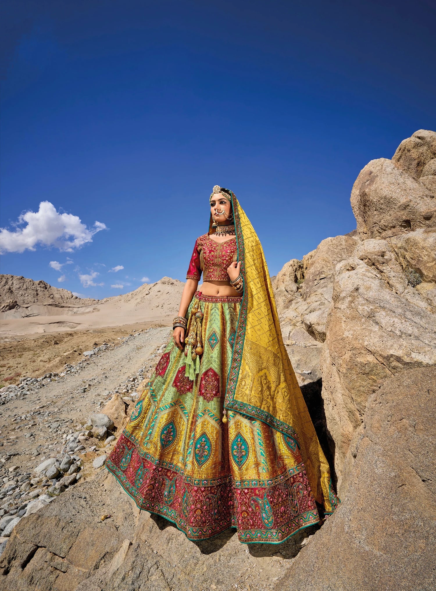 Stunning Yellow &amp; Maroon Banarasi Silk Lehenga with Satin Blouse