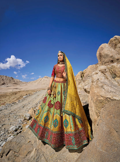 Stunning Yellow &amp; Maroon Banarasi Silk Lehenga with Satin Blouse