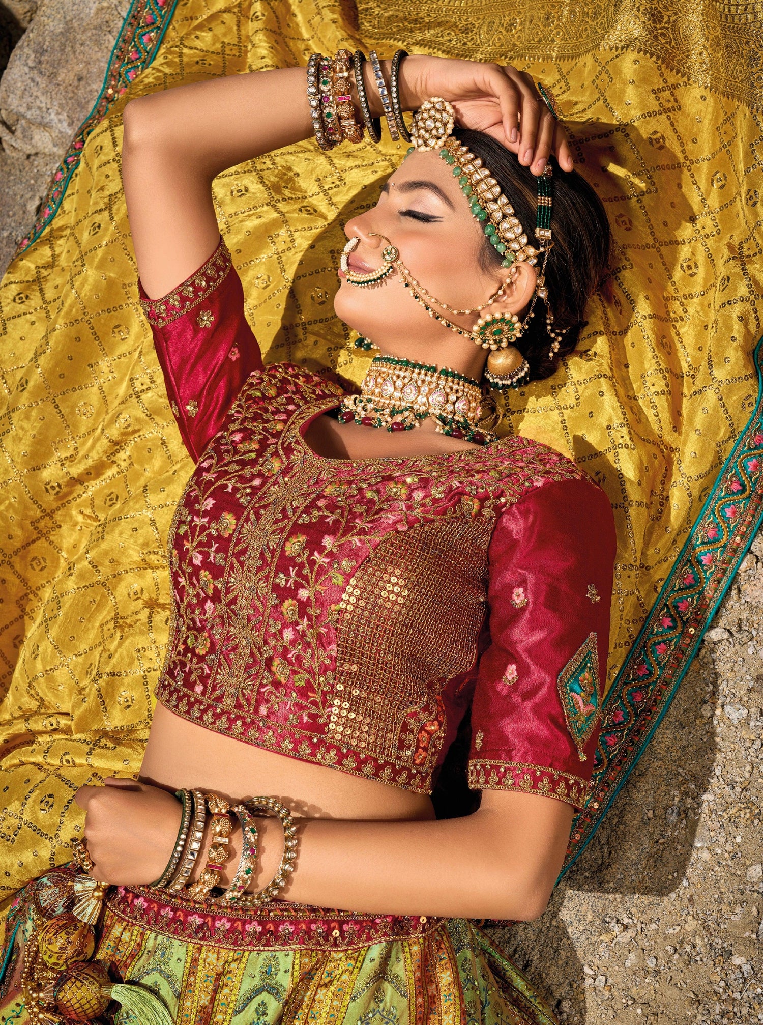 Stunning Yellow &amp; Maroon Banarasi Silk Lehenga with Satin Blouse