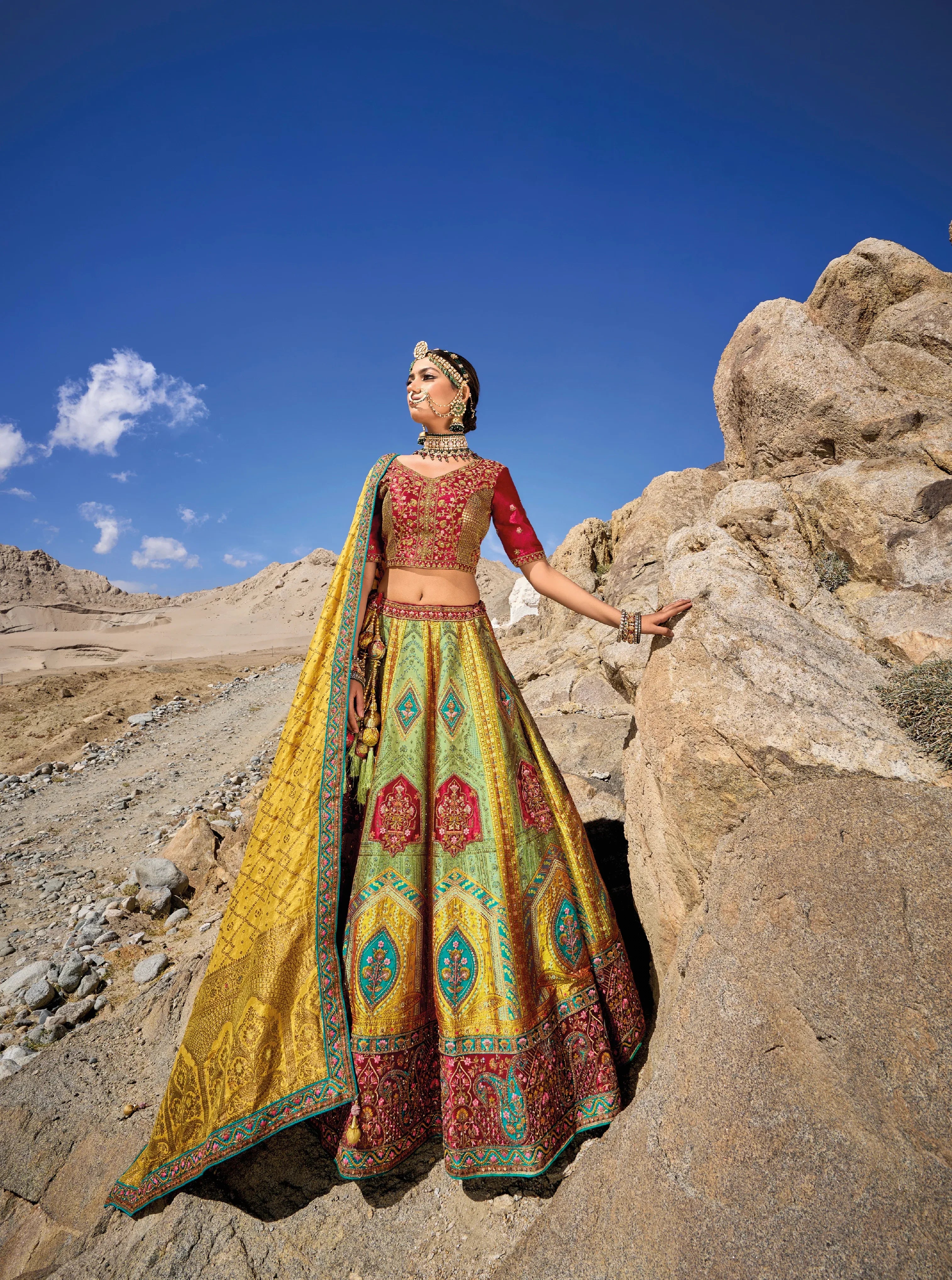 Stunning Yellow &amp; Maroon Banarasi Silk Lehenga with Satin Blouse