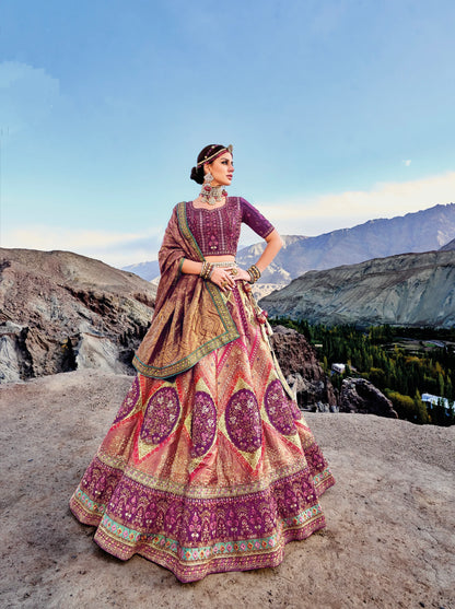 Gorgeous Purple &amp; Peach Banarasi Silk Lehenga with Satin Blouse