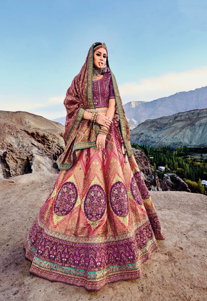 Gorgeous Purple &amp; Peach Banarasi Silk Lehenga with Satin Blouse