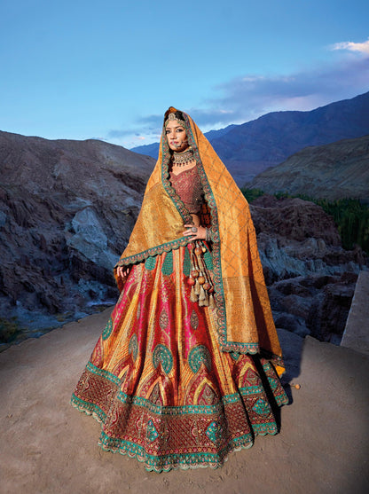 Multicolor Banarasi silk jacquard lehenga with Gajji satin blouse and georgette viscose dupatta
