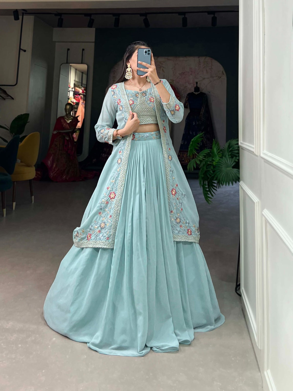 Georgette Lehenga Choli with Koti Jacket Trendy Designer Selection