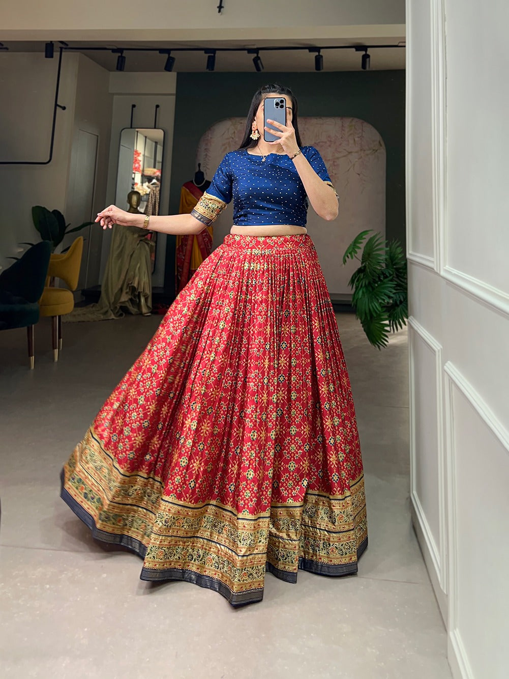 Party Wear Designer Captivating Red Ikkat Patola Print Lehenga Choli