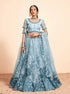 Elegant blue net lehenga with heavy embroidery and zarkan work.
