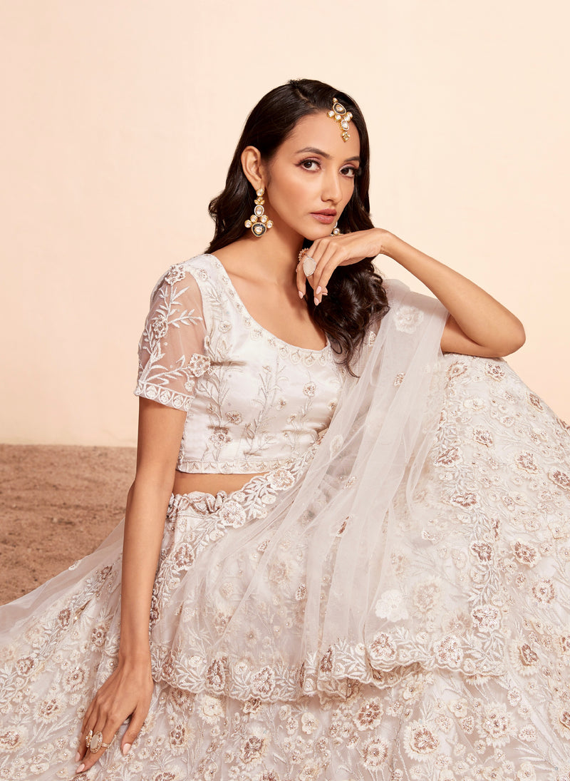 White Net Lehenga Choli Set with Heavy Stone Work Embellishment