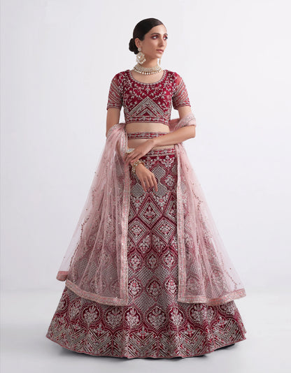 Maroon Net Lehenga Choli Set with Heavy Stone Work Embellishment