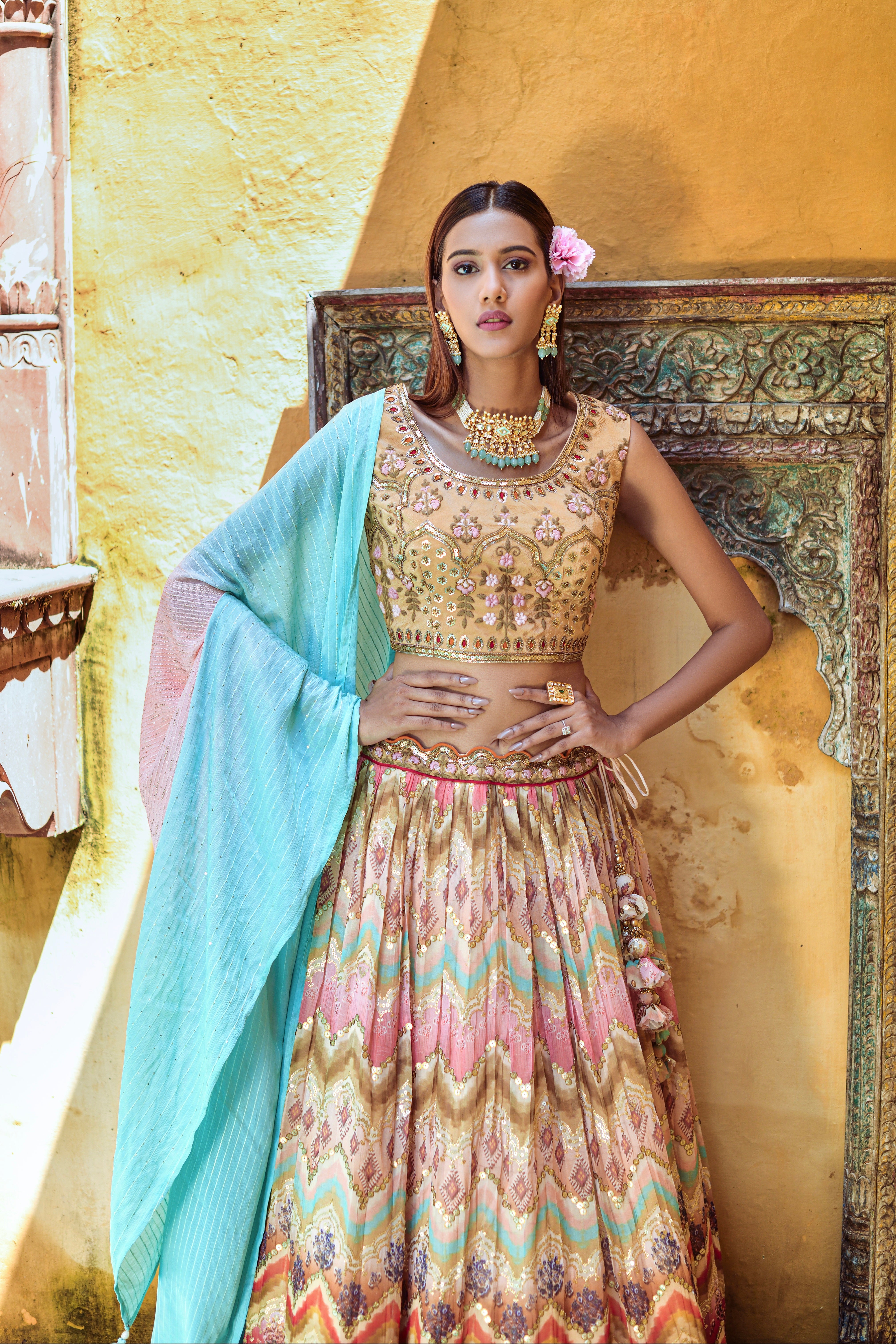 Multi-color pure viscose lehenga with digital print and sequence work

