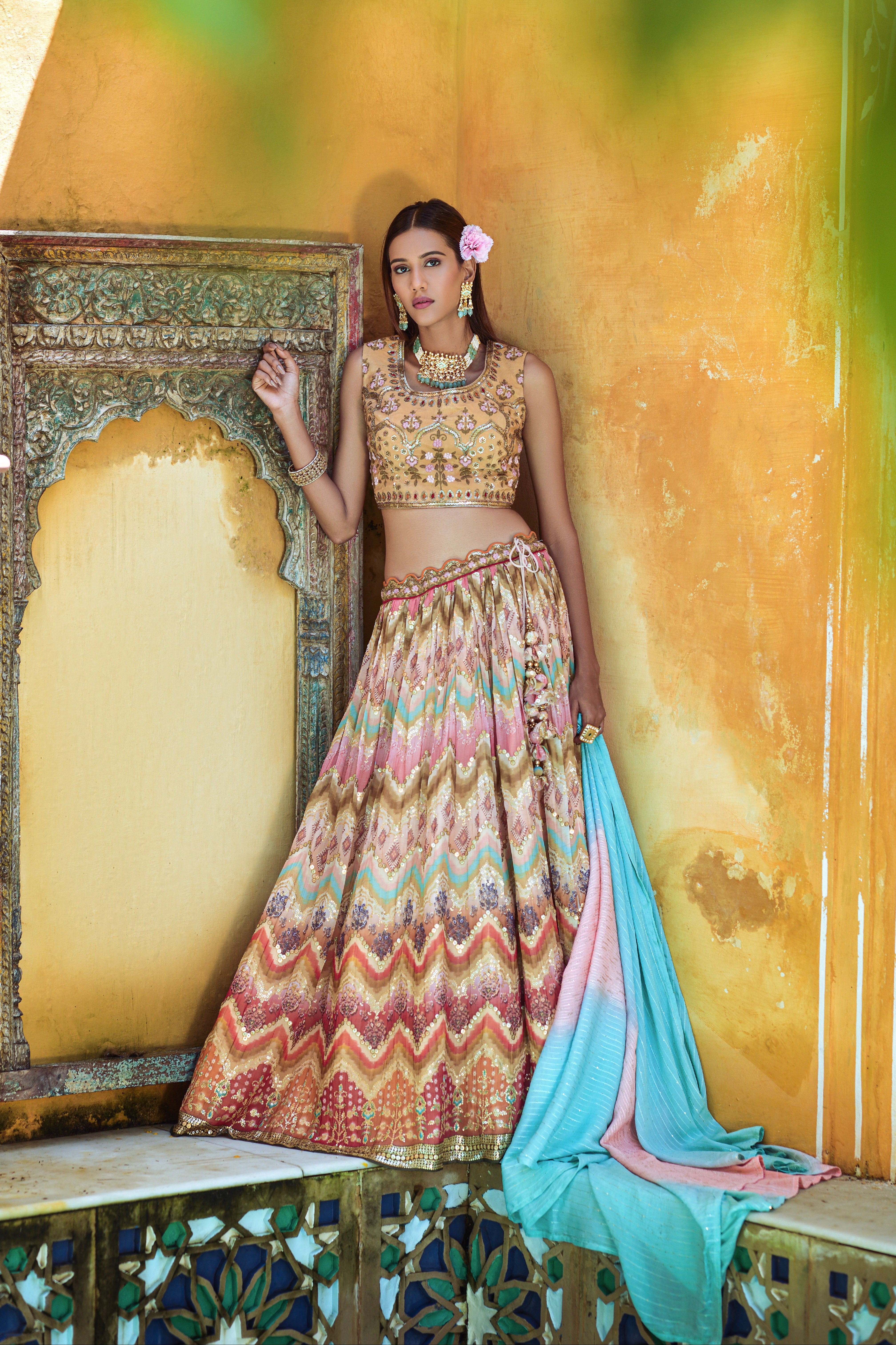Multi-color pure viscose lehenga with digital print and sequence work


