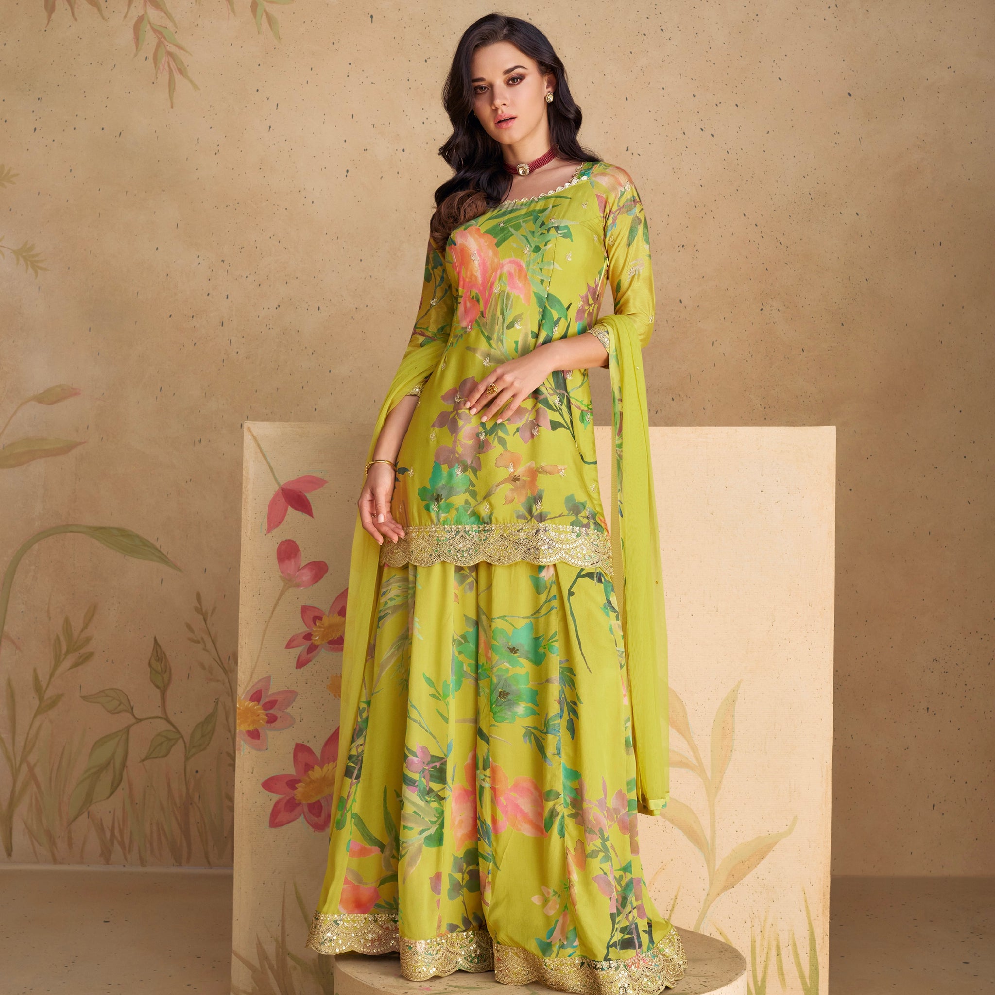Lime green floral embroidered chinon silk sharara suit with net dupatta