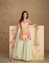 Pastel floral embroidered chinon silk sharara suit with net dupatta