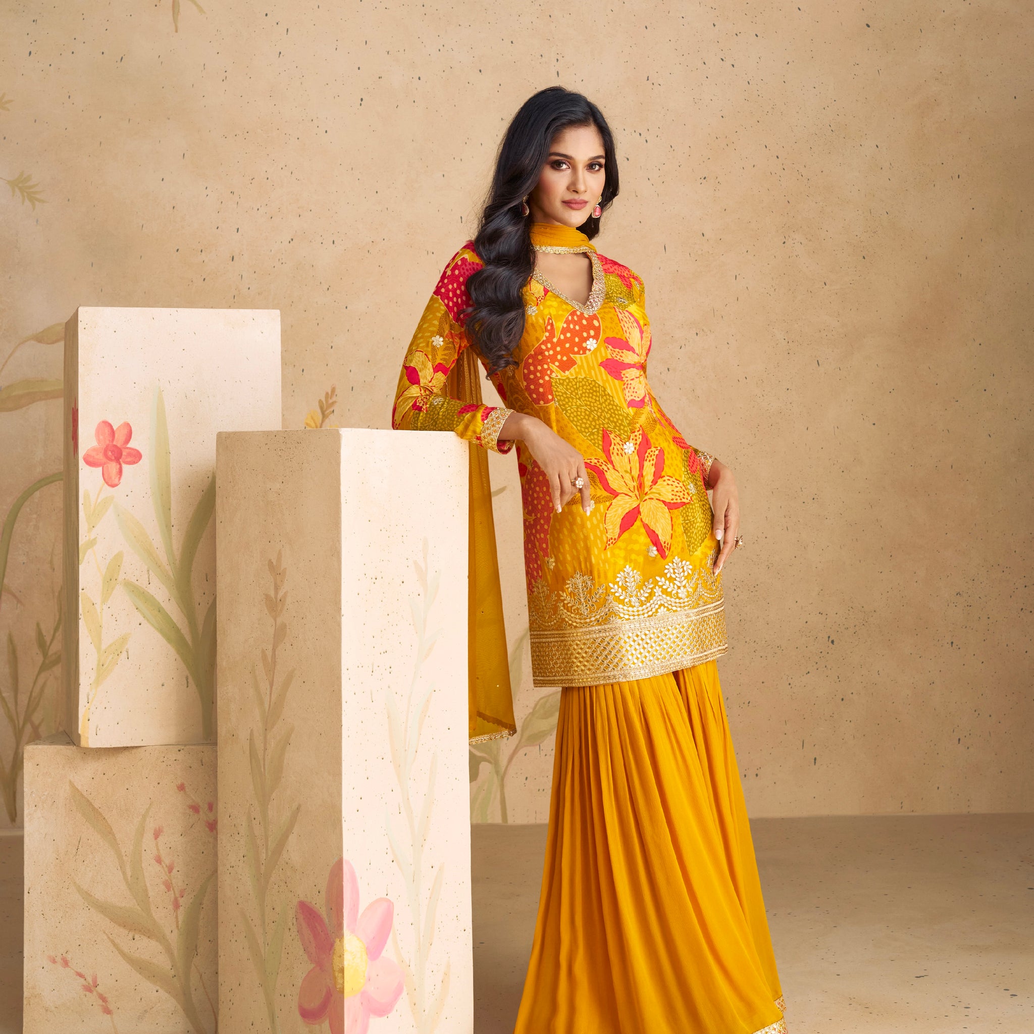 Elegant Yellow Real Chinon Silk Embroidered Sharara Suit with Net Dupatta