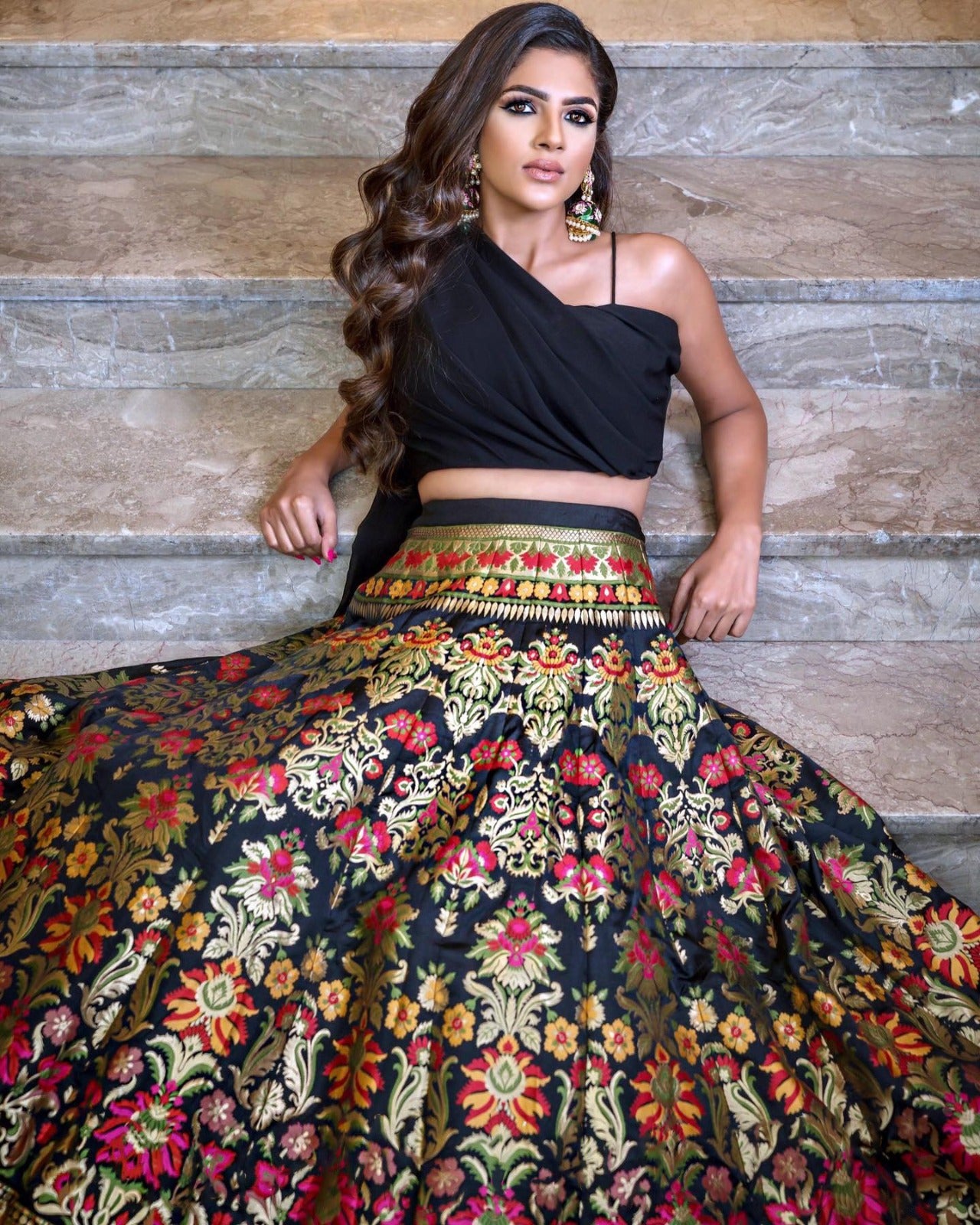 Enchanting Black Zari Weaving Silk Indo-Western Lehenga Choli
