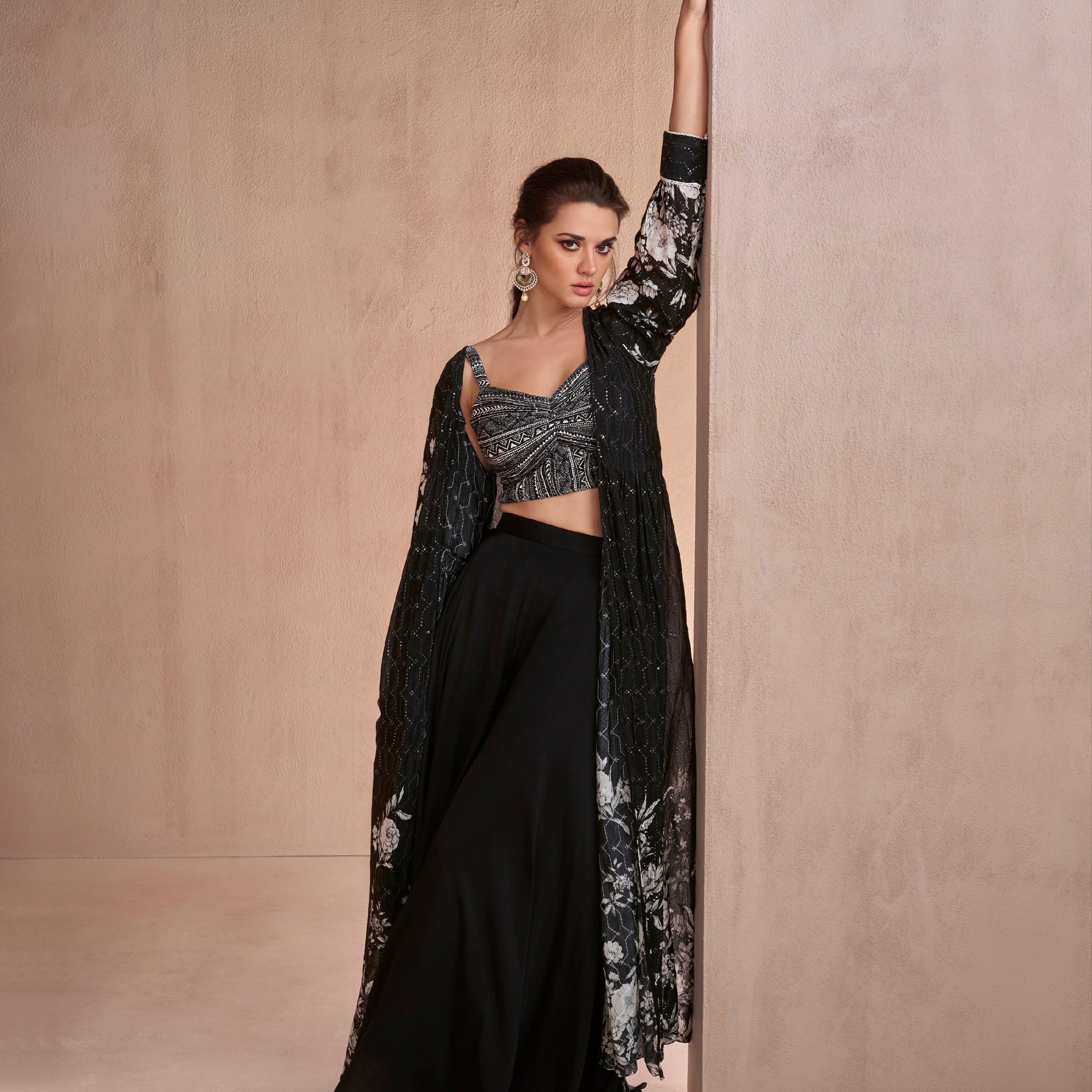 Black embroidered Chinon silk and georgette sharara set for weddings.