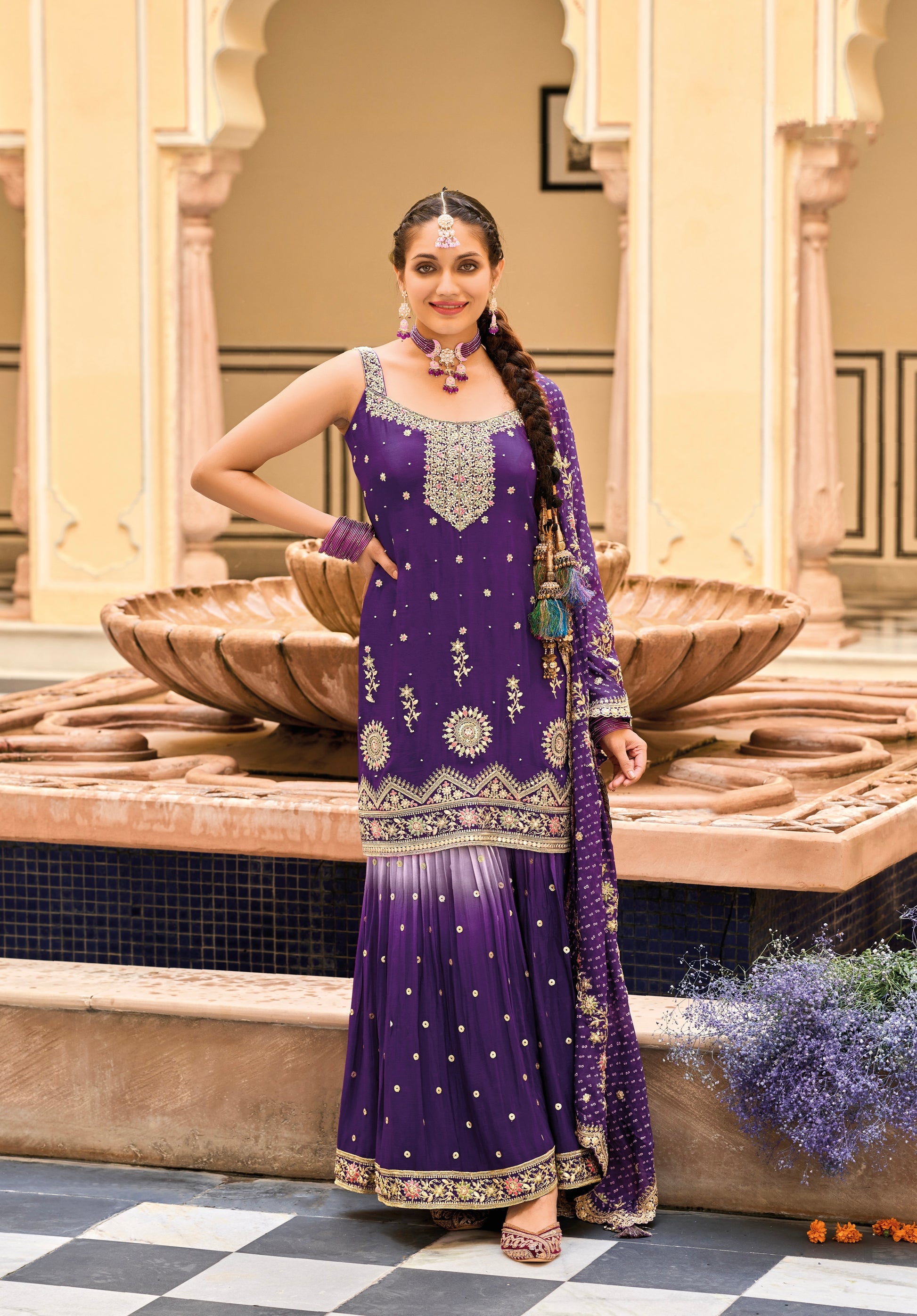 Purple Heavy Chinon Embroidered Palazzo Suit with Digital Print Dupatta, ideal for special occasions