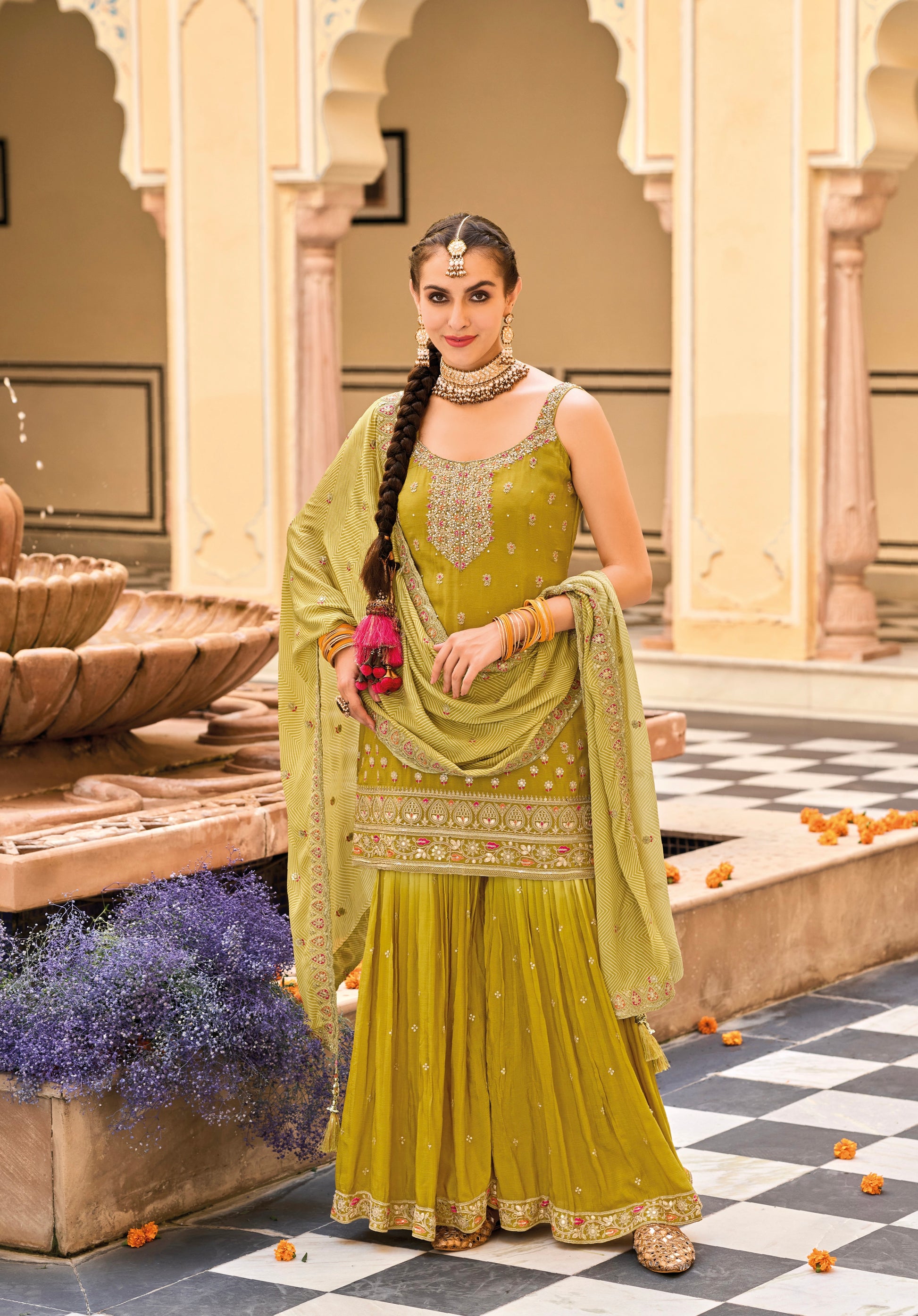 Yellow Palazzo Pants With Kurti Yellow Heavy Chinon Embroidered