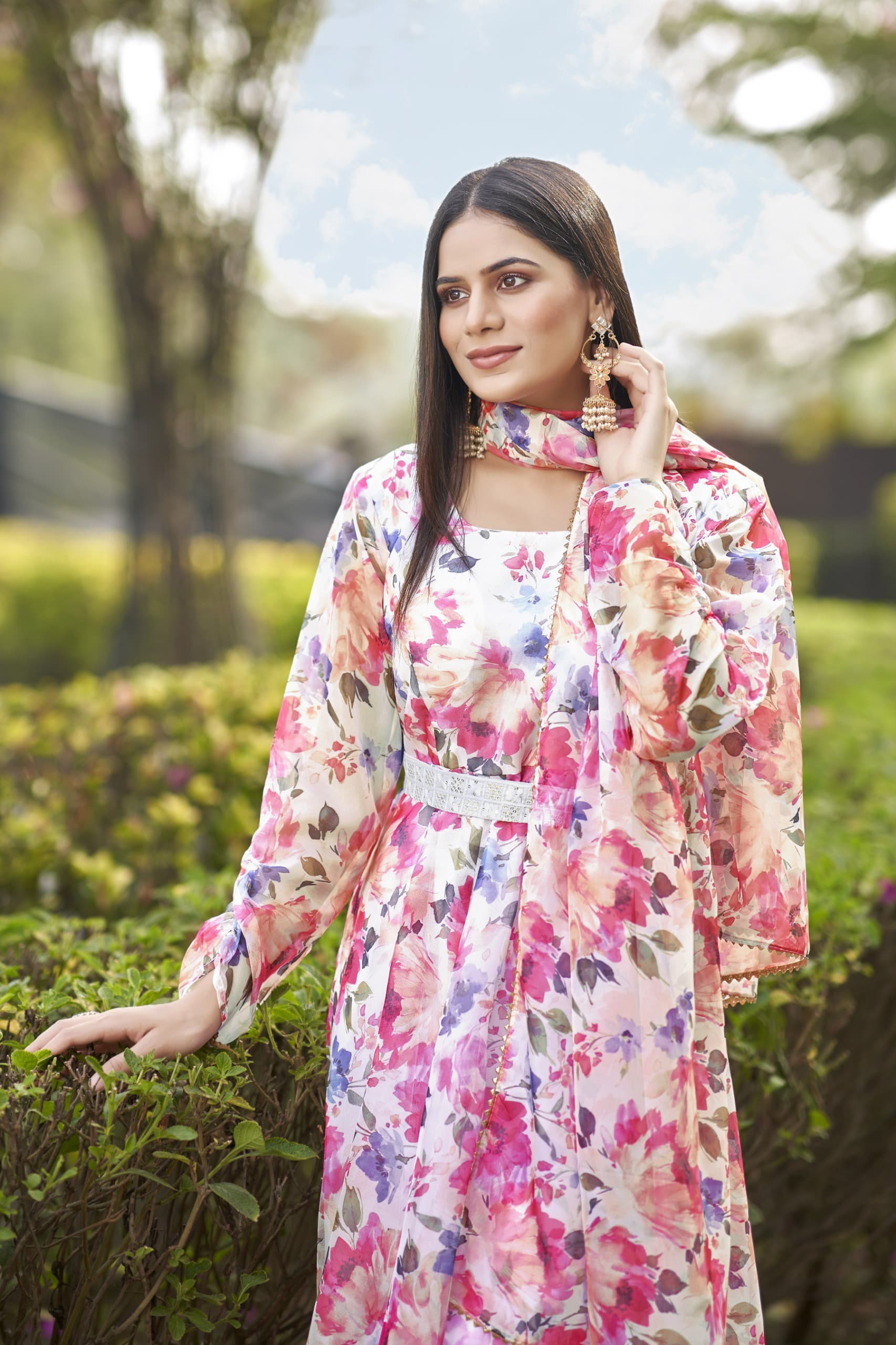 Pink Floral Organza Suit With Embroidered Dupatta
