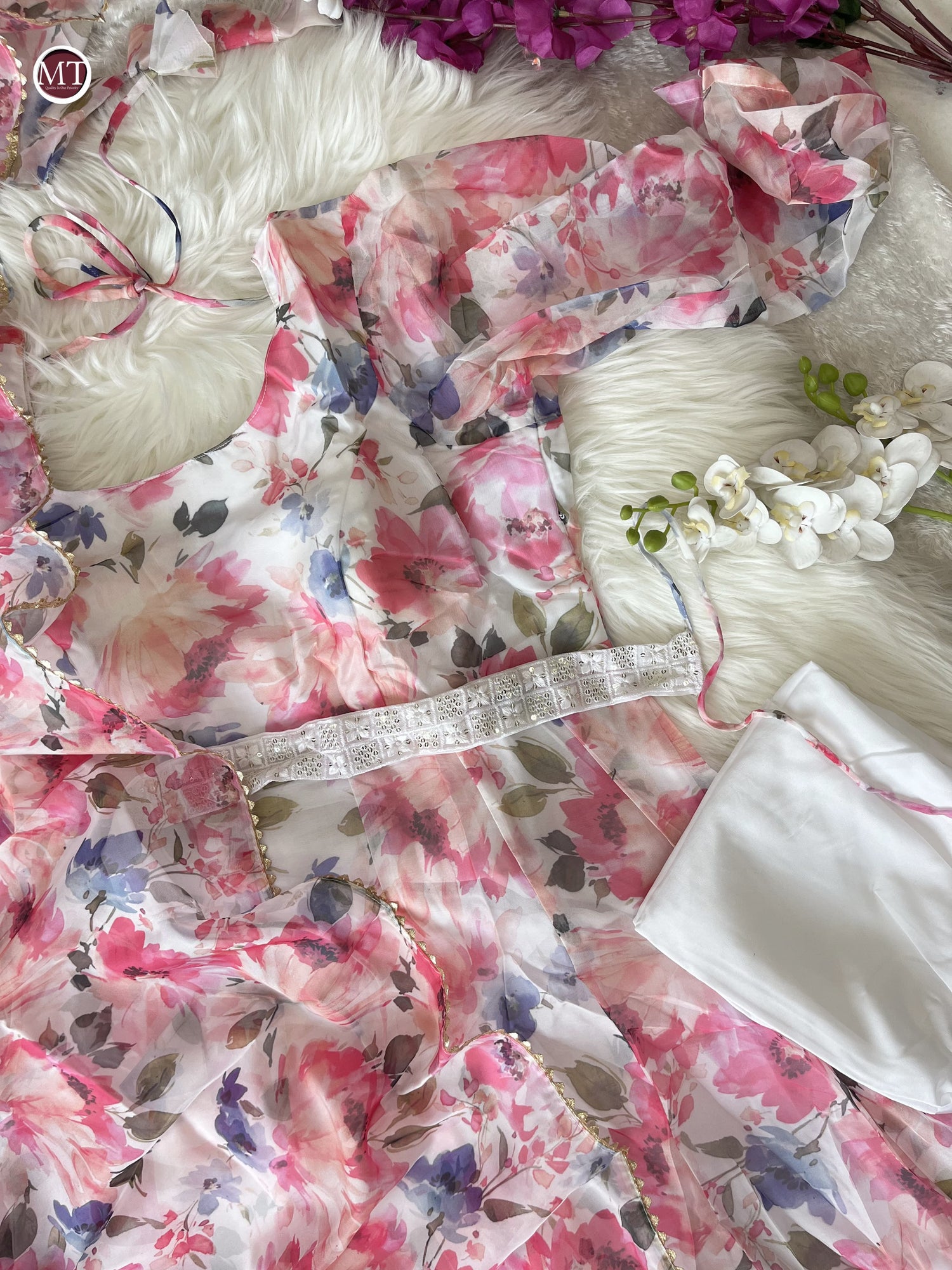 Pink Floral Organza Suit With Embroidered Dupatta